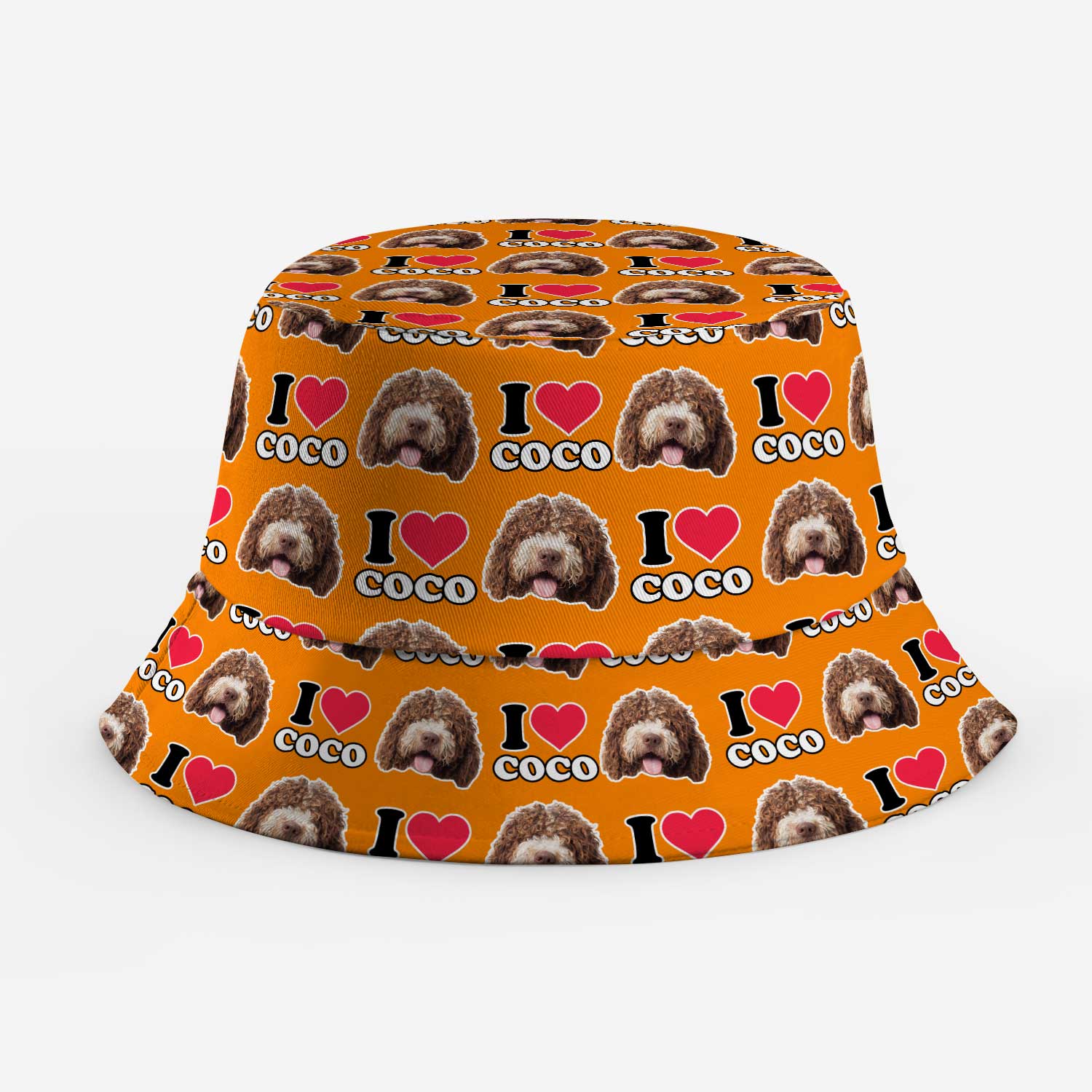 Bucket hat with 'I love Coco' pattern on an orange background
