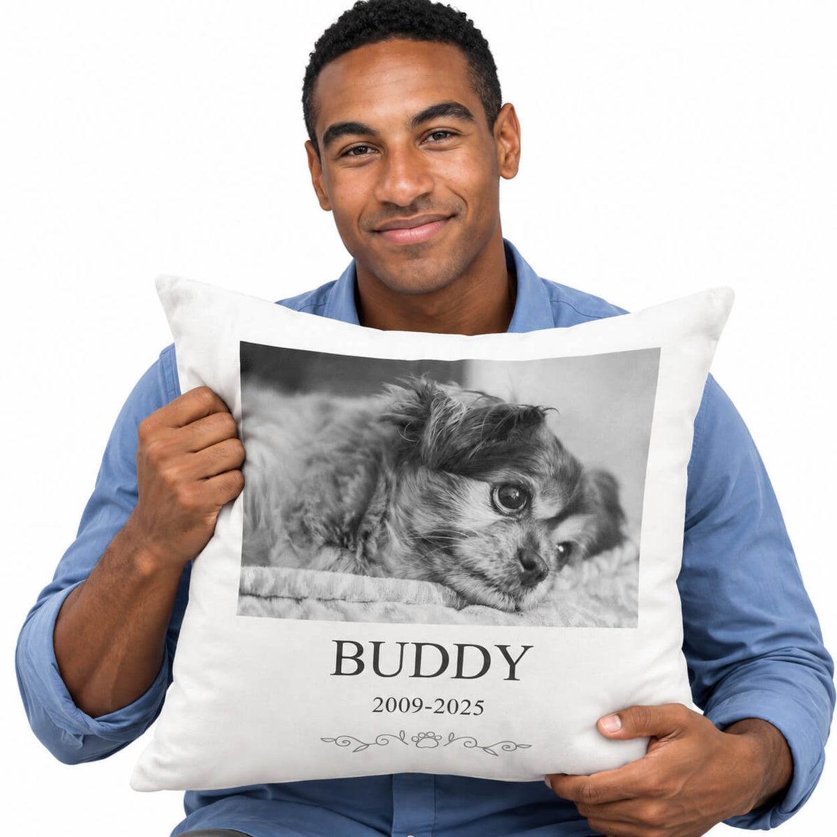 Black and White Dog Memorial Cushion With Name & Date