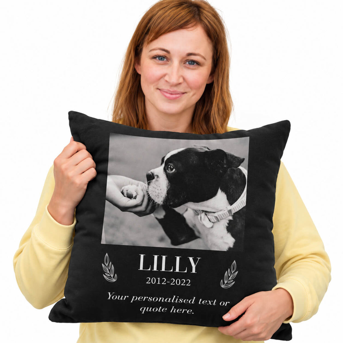 Personalised B&W Dog Memorial Cushion With (Name, Date & Quote)