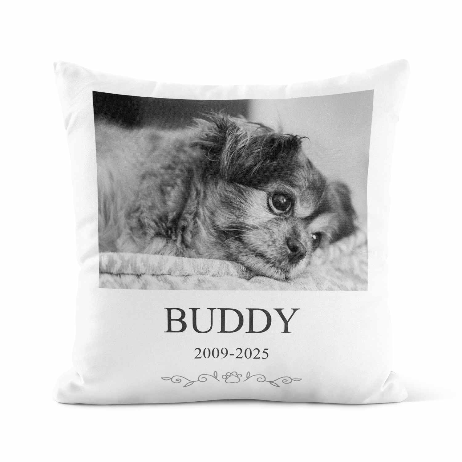 Black and White Dog Memorial Cushion With Name & Date