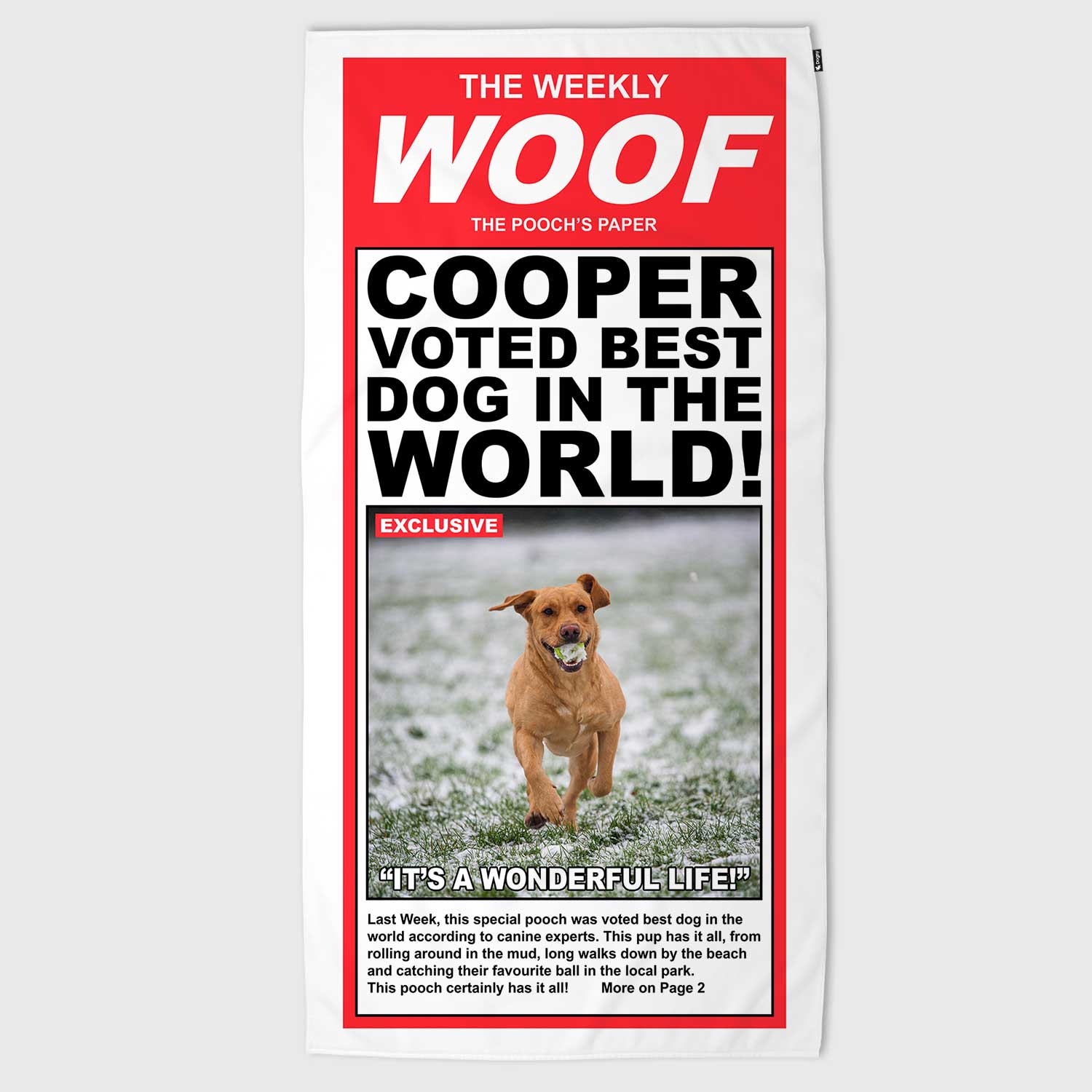 Woof Newspaper (Name) Best Dog Personalised Towel