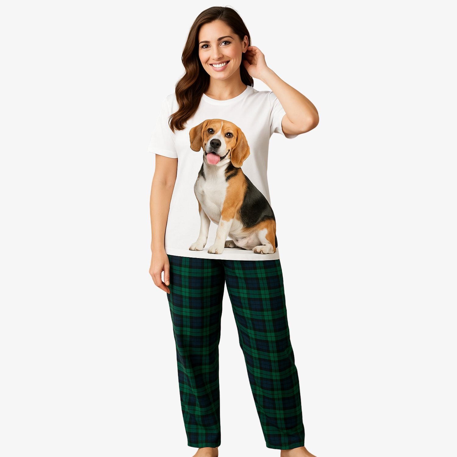 Women's Dog Face Pyjamas - Green Tartan Trouser Set