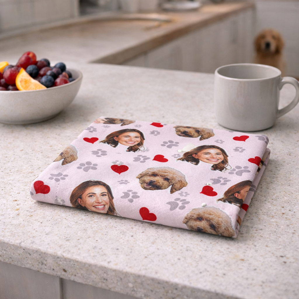 Dog Paw Prints & Hearts Personalised Tea Towel