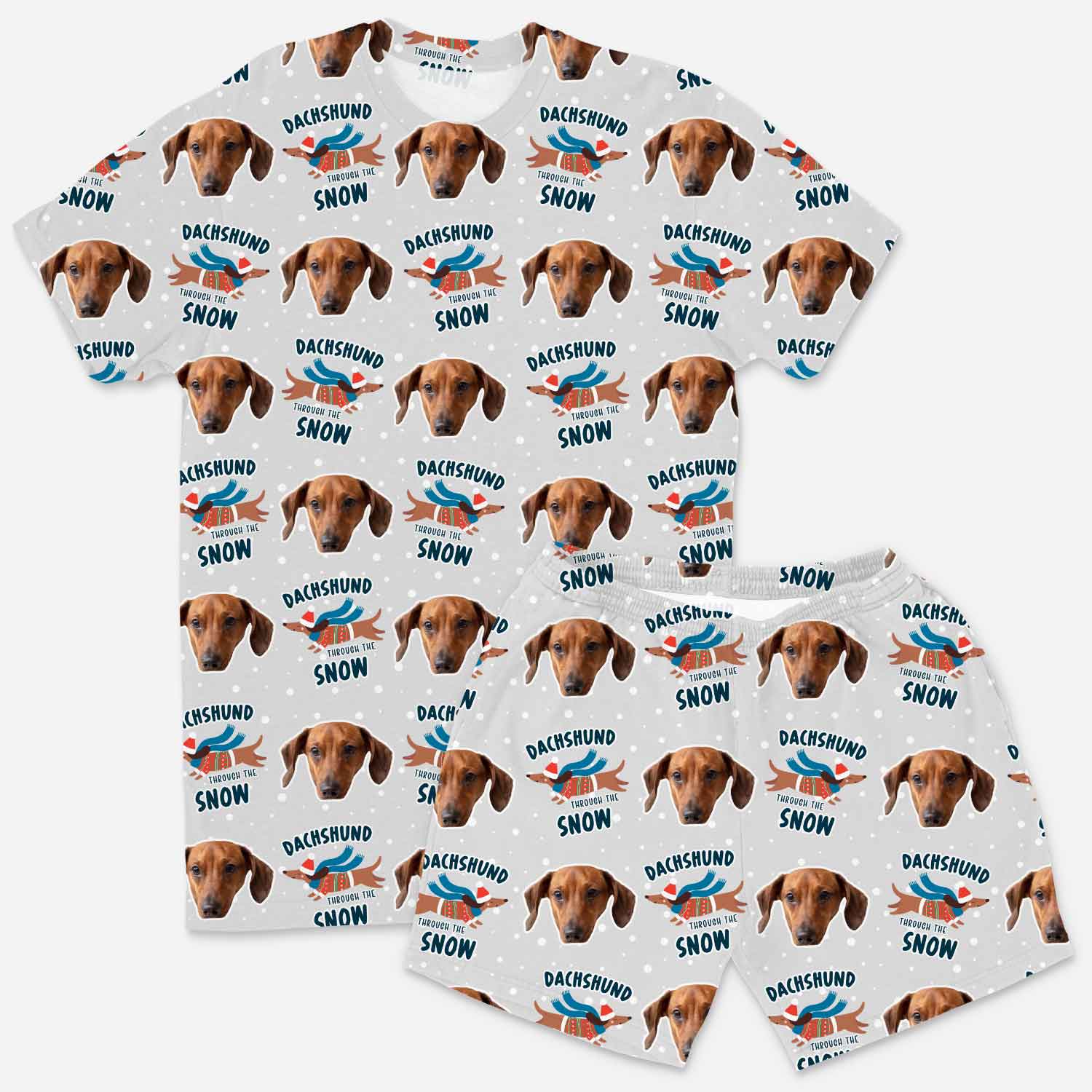 White t-shirt with dachshund-themed graphics and text on a white background