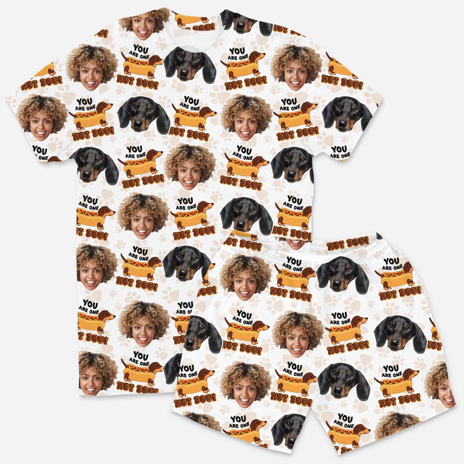 T-shirt with a pattern of a woman's face, dogs, and text on a white background
