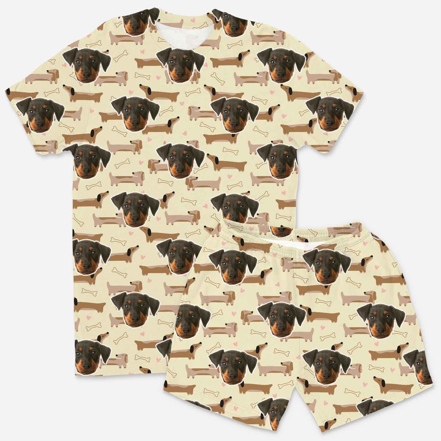 T-shirt and shorts set with dog pattern on a beige background