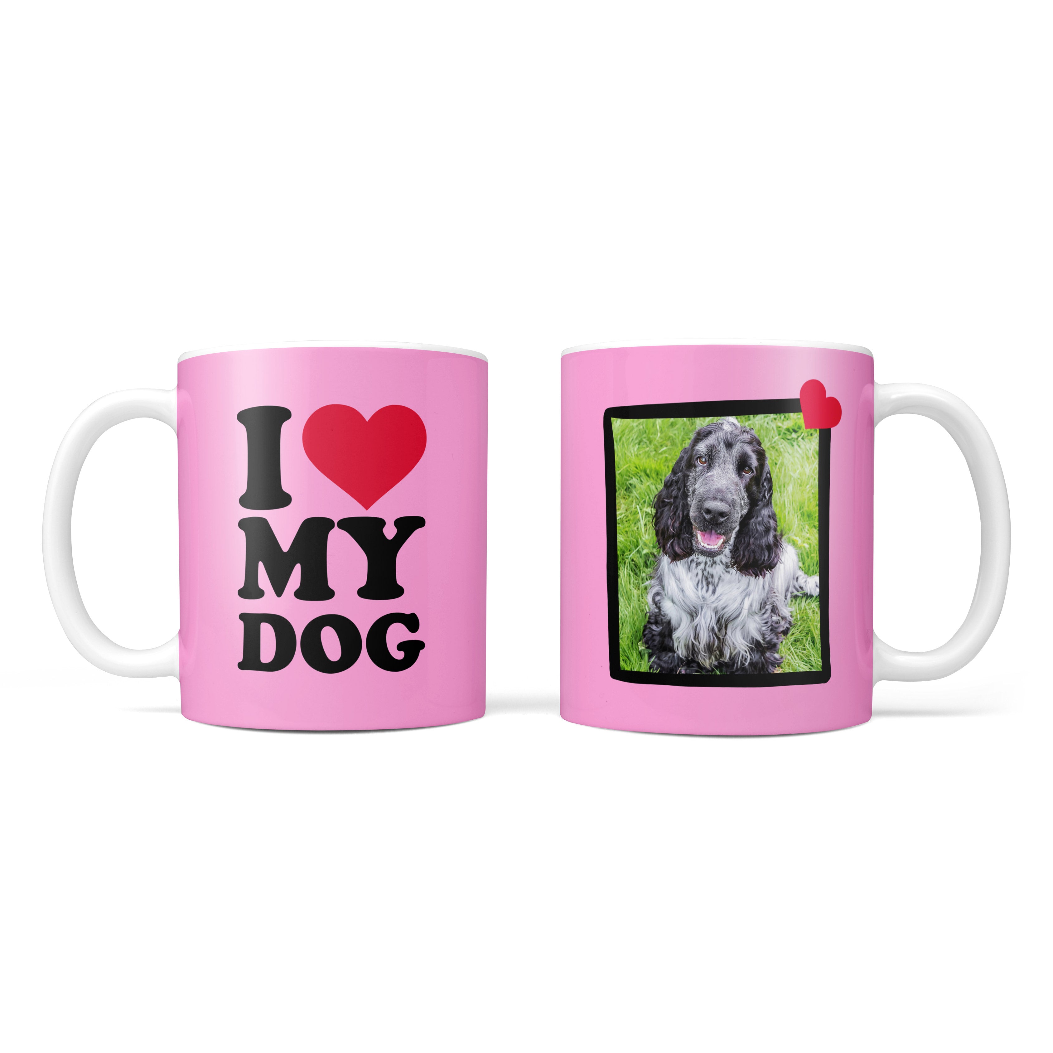 Two pink mugs, one with 'I ❤️ MY DOG' text and the other with a dog photo.