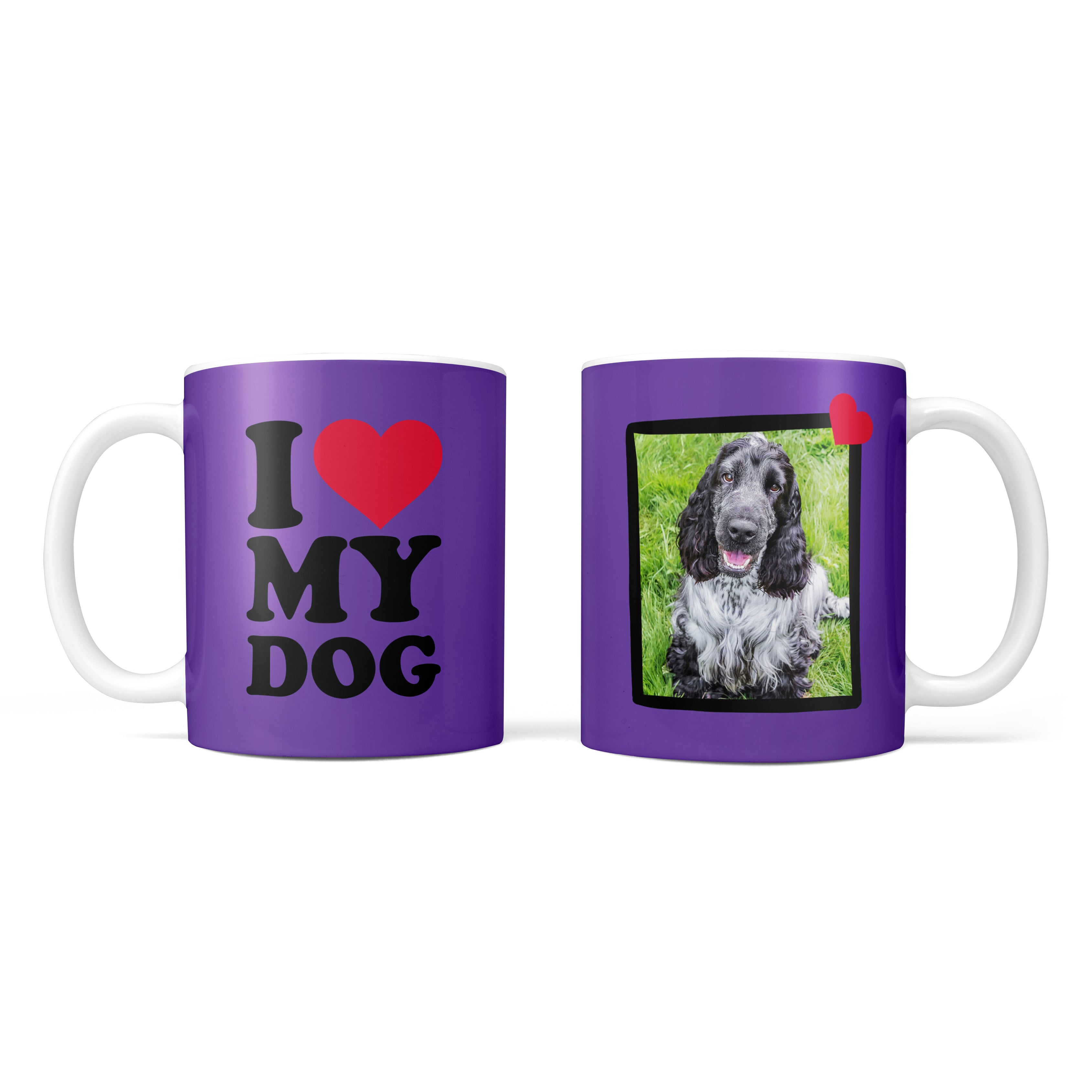 Two purple mugs, one with 'I ❤️ MY DOG' text and the other with a dog photo.
