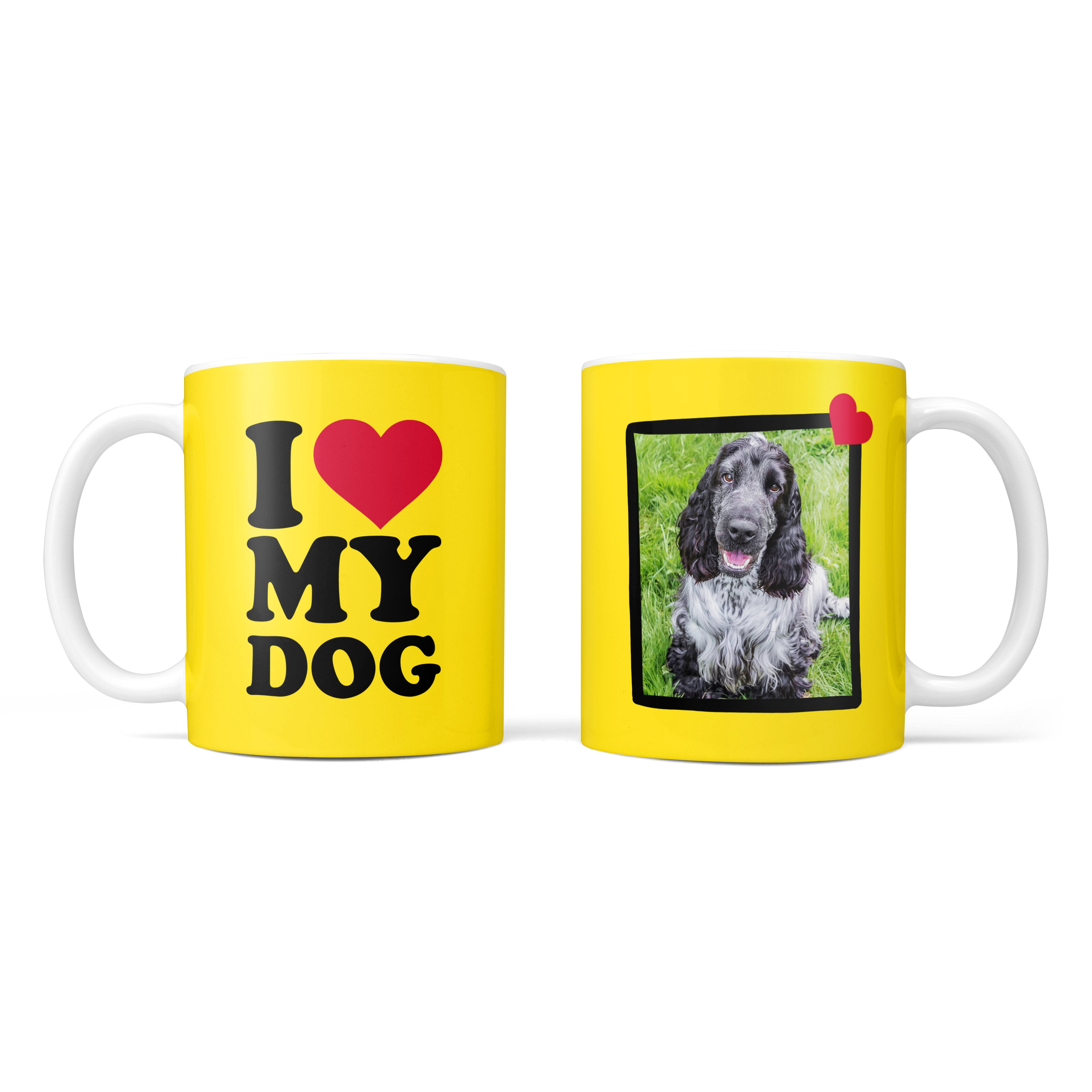 Two yellow mugs, one with 'I ❤️ MY DOG' text and the other with a dog photo, on a white background.