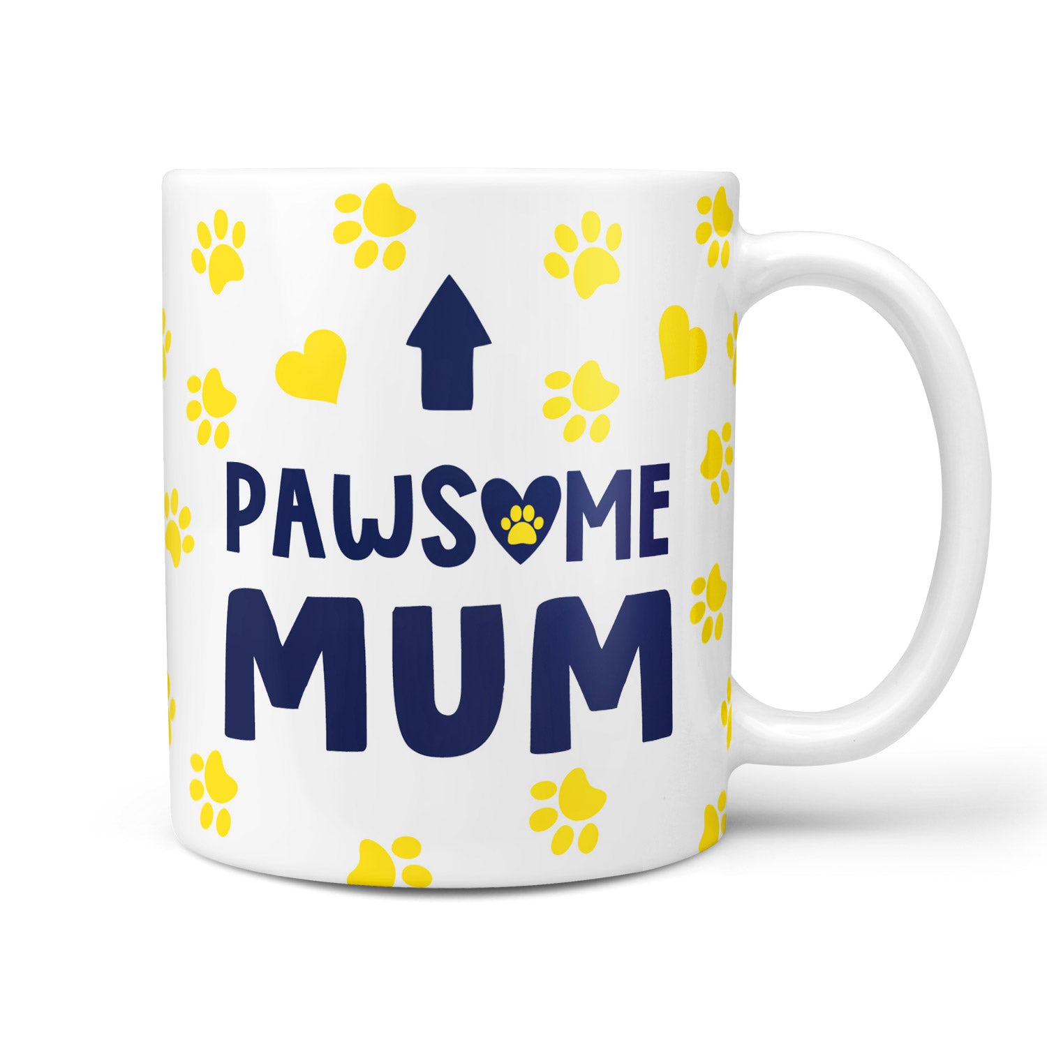 White mug with 'PAWSome MUM' text and yellow paw prints on a white background