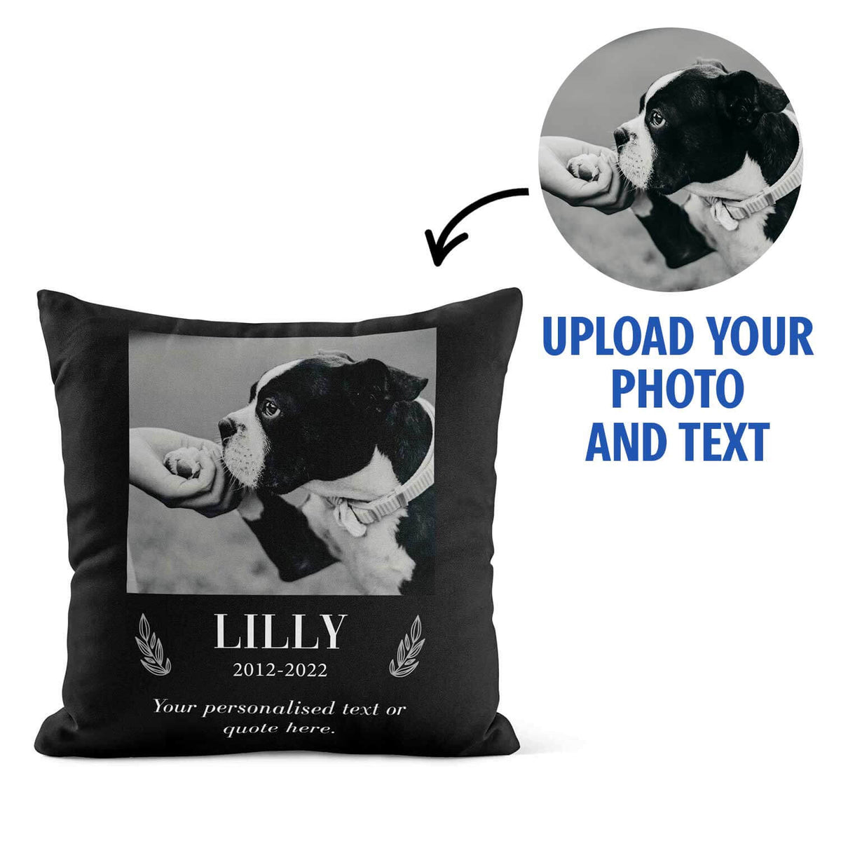 Personalised B&W Dog Memorial Cushion With (Name, Date & Quote)
