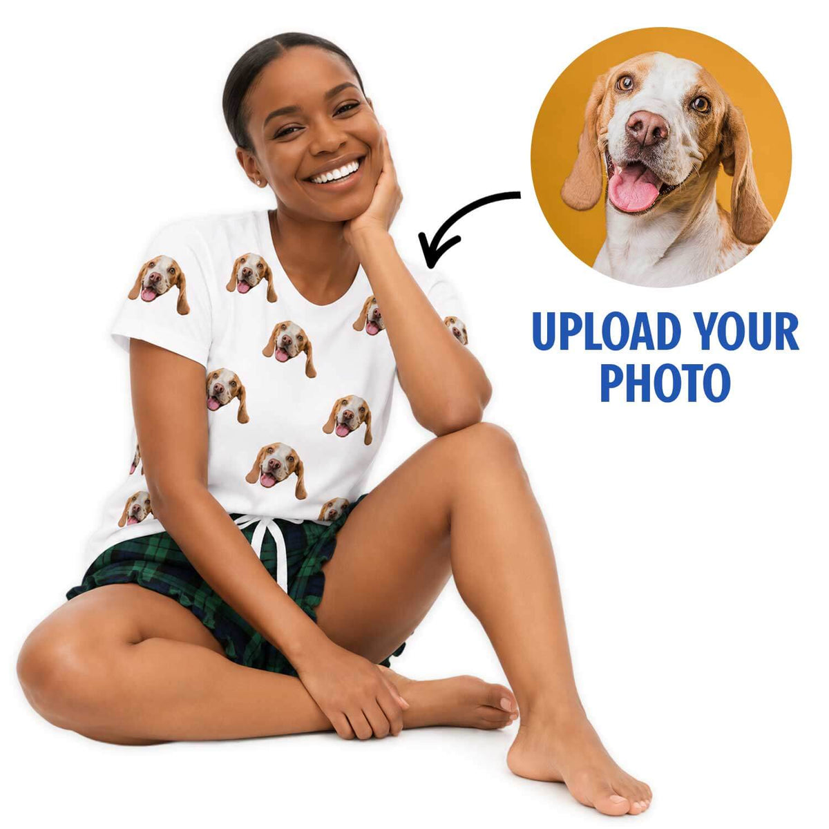 Women's Multi Photo Dog Pyjamas - Green Navy Tartan Shorts