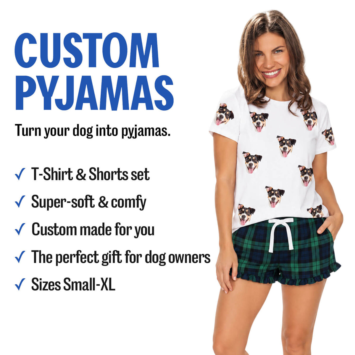 Women's Multi Photo Dog Pyjamas - Green Navy Tartan Shorts