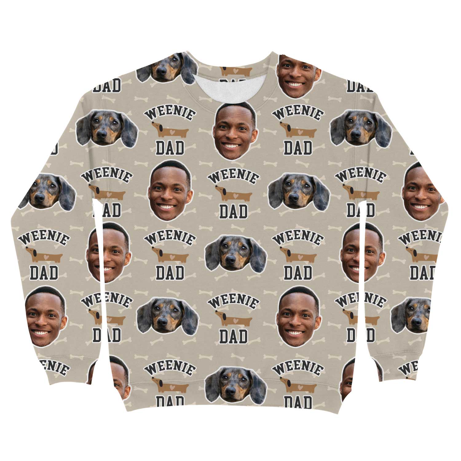 Sweatshirt with 'Weenie Dad' text and dog images on a beige background
