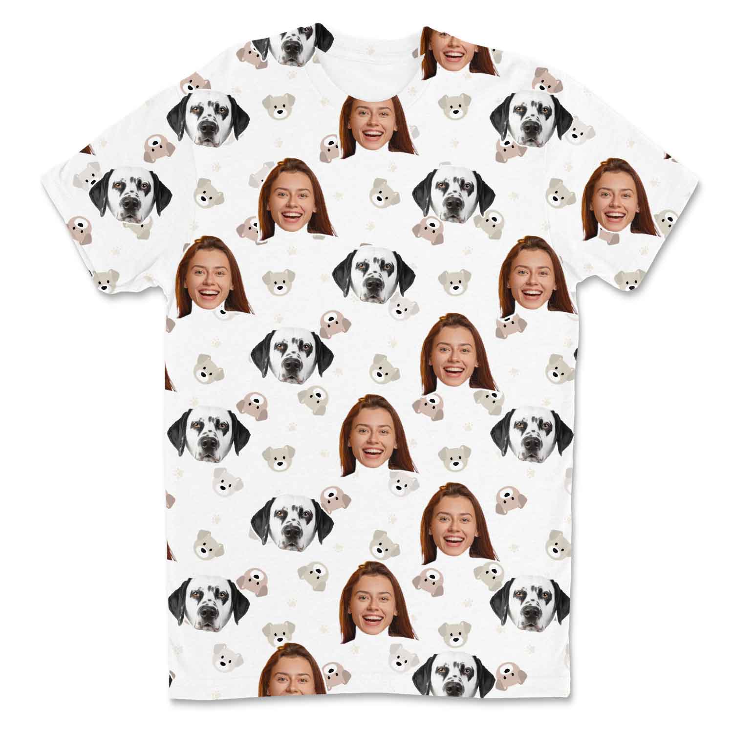 White t-shirt with repeated pattern of a woman's face and a dog's face on a white background