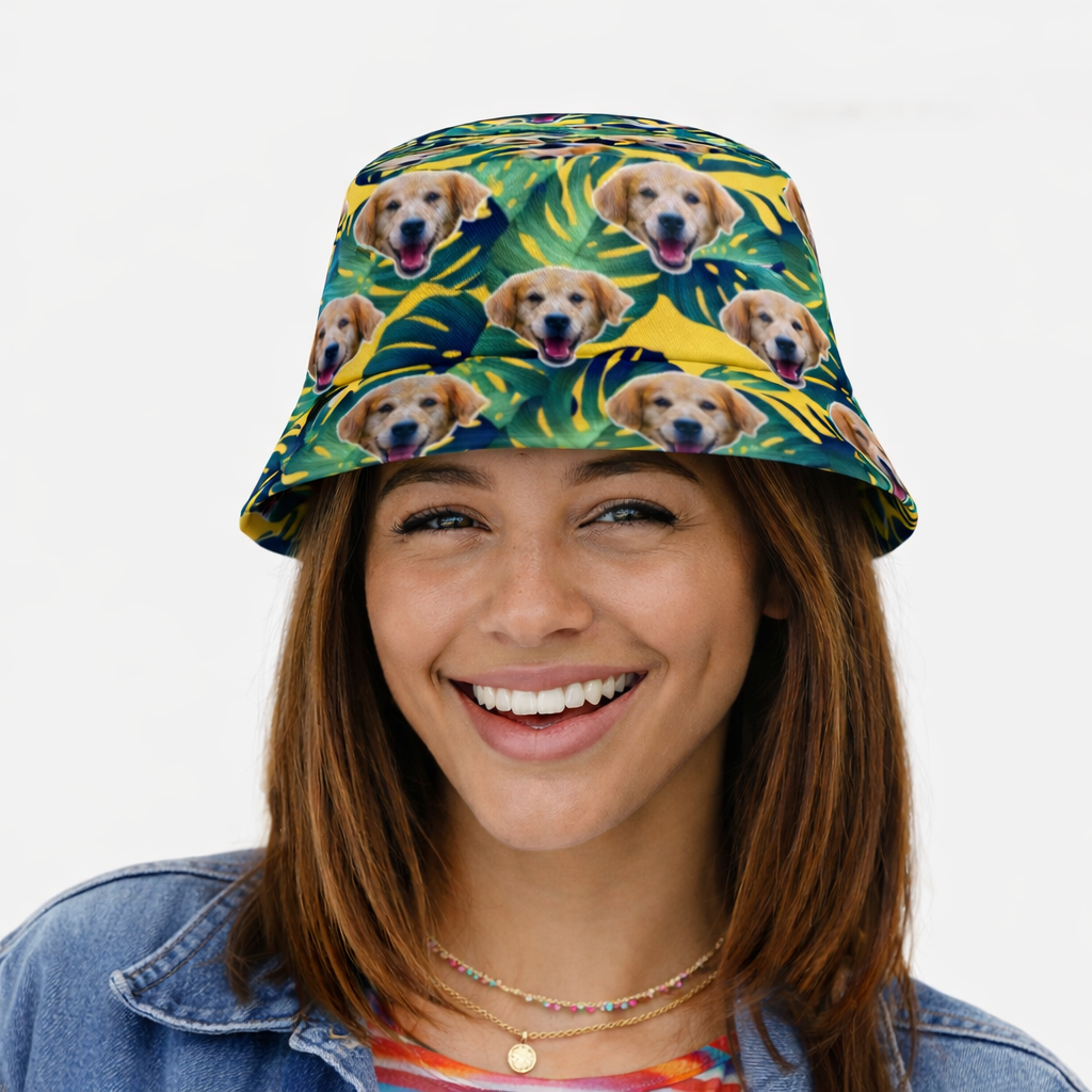 Tropical Leaves Dog Faces Custom Bucket Hat