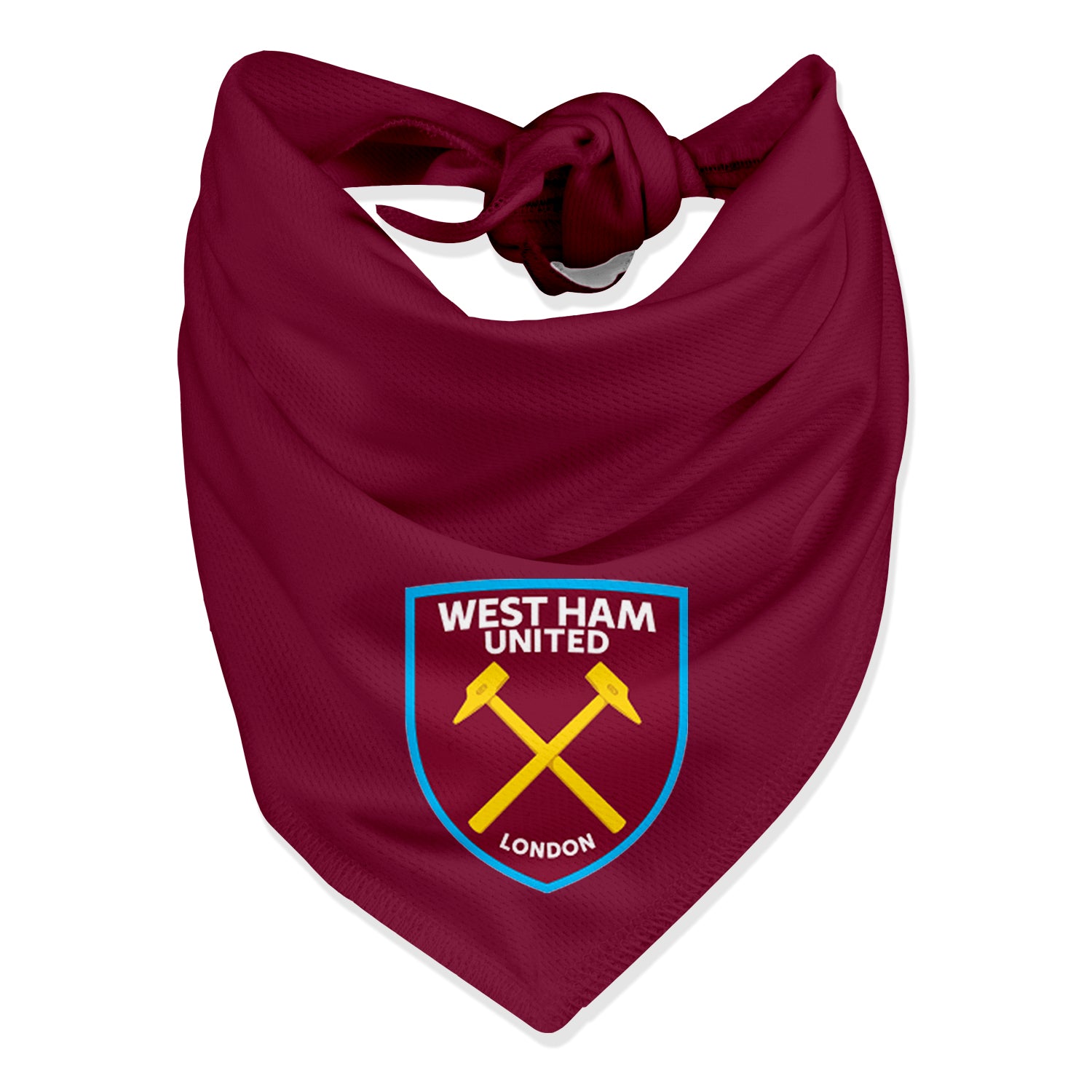 A maroon dog bandana with the West Ham United football club logo in the center.