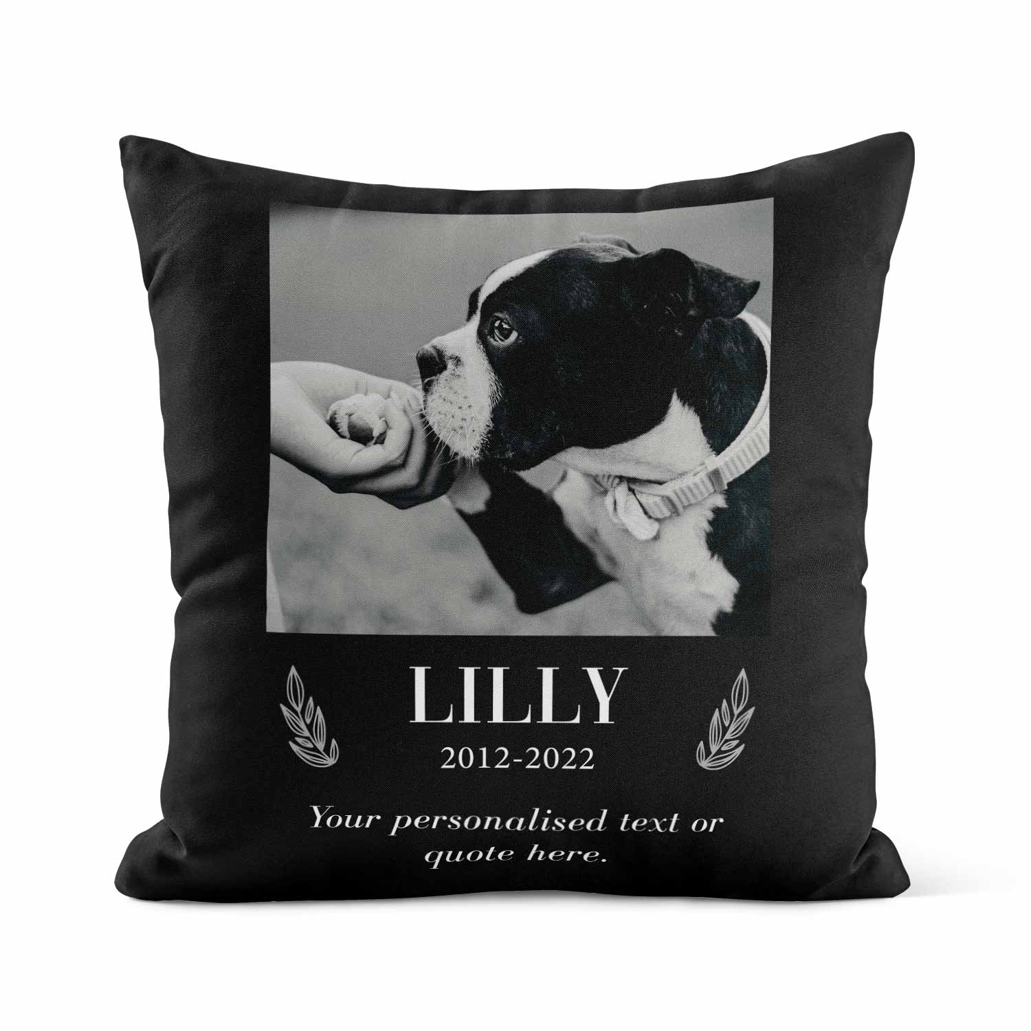 Personalised B&W Dog Memorial Cushion With (Name, Date & Quote)