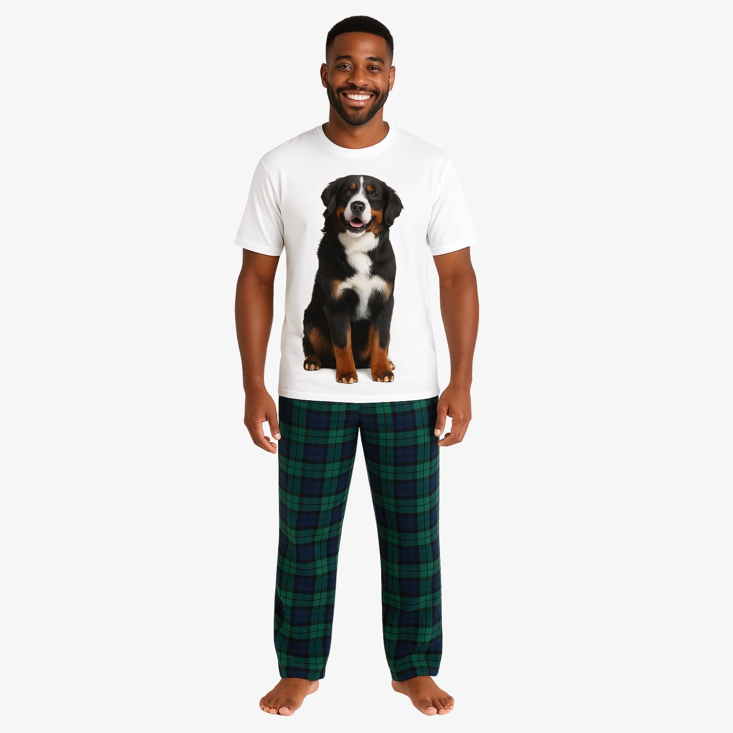 Men's Dog Face Pyjamas - Green Tartan Trouser Set