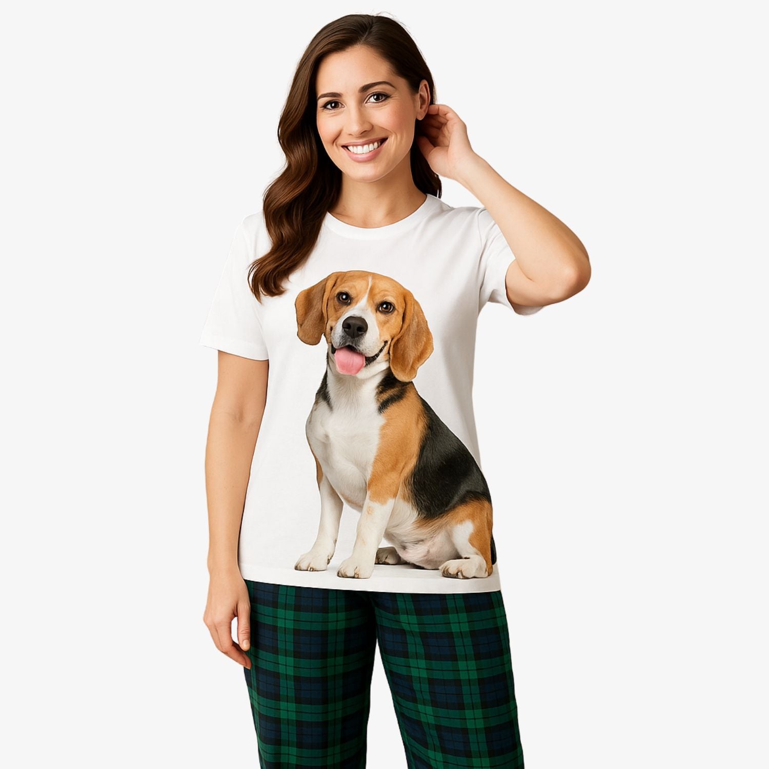 Women's Dog Face Pyjamas - Green Tartan Trouser Set