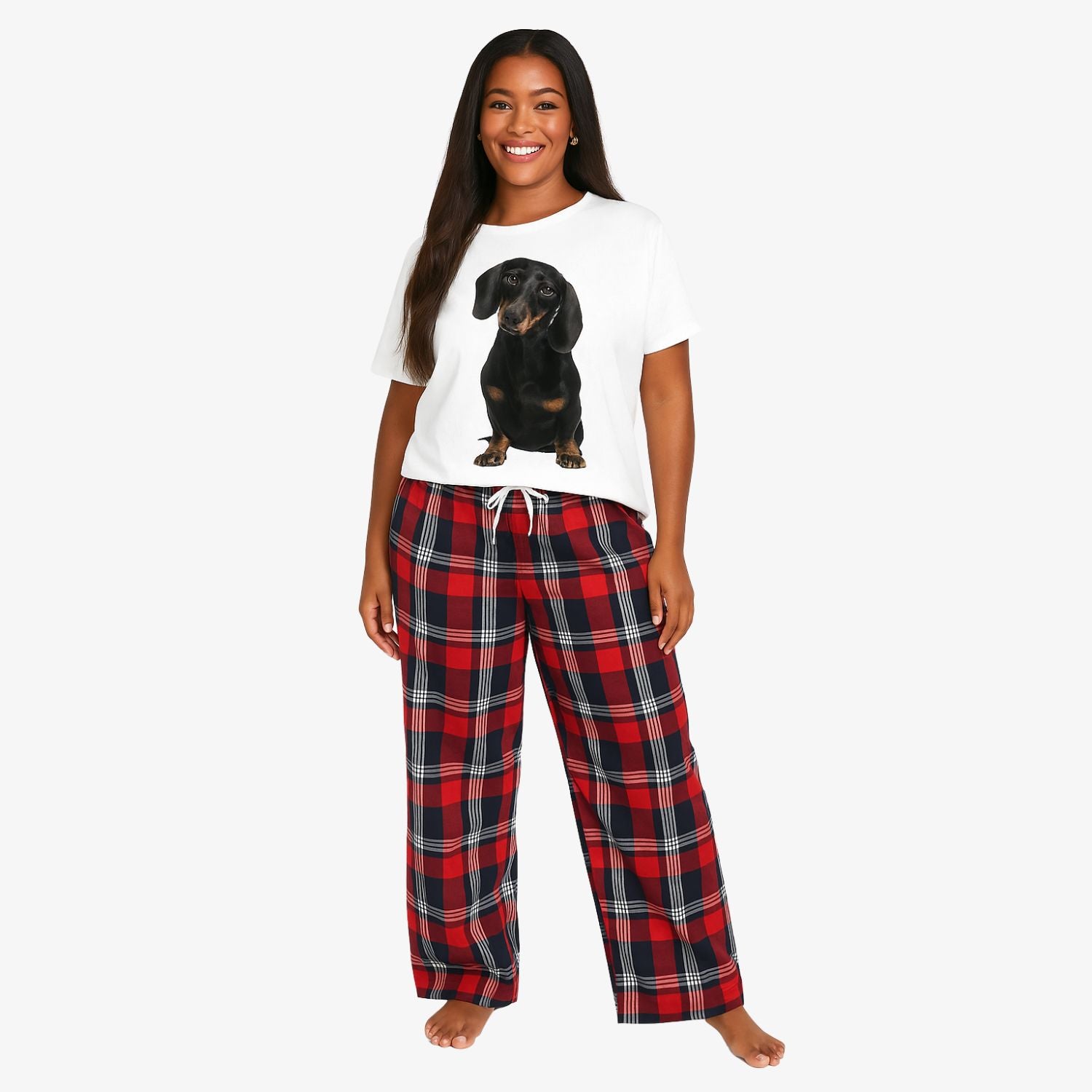 Women's Dog Face Pyjamas - Red Tartan Trouser Set