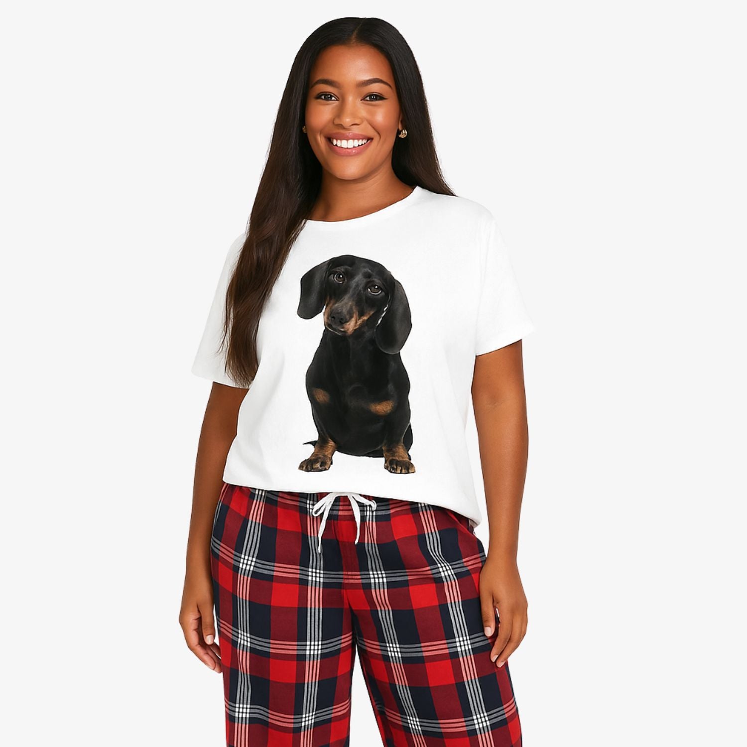 Women's Dog Face Pyjamas - Red Tartan Trouser Set
