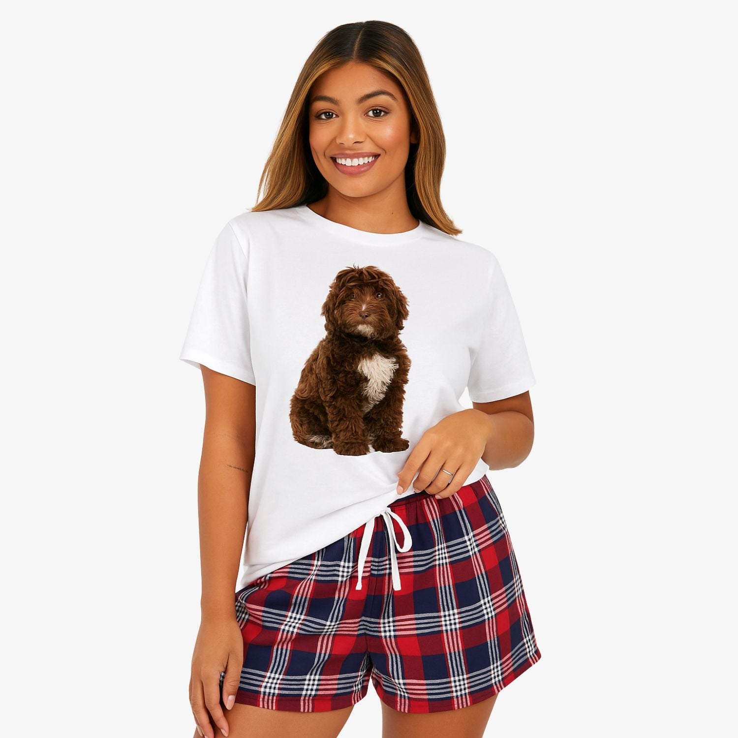 Women's Dog Face Pyjamas - Red Tartan Shorts Set