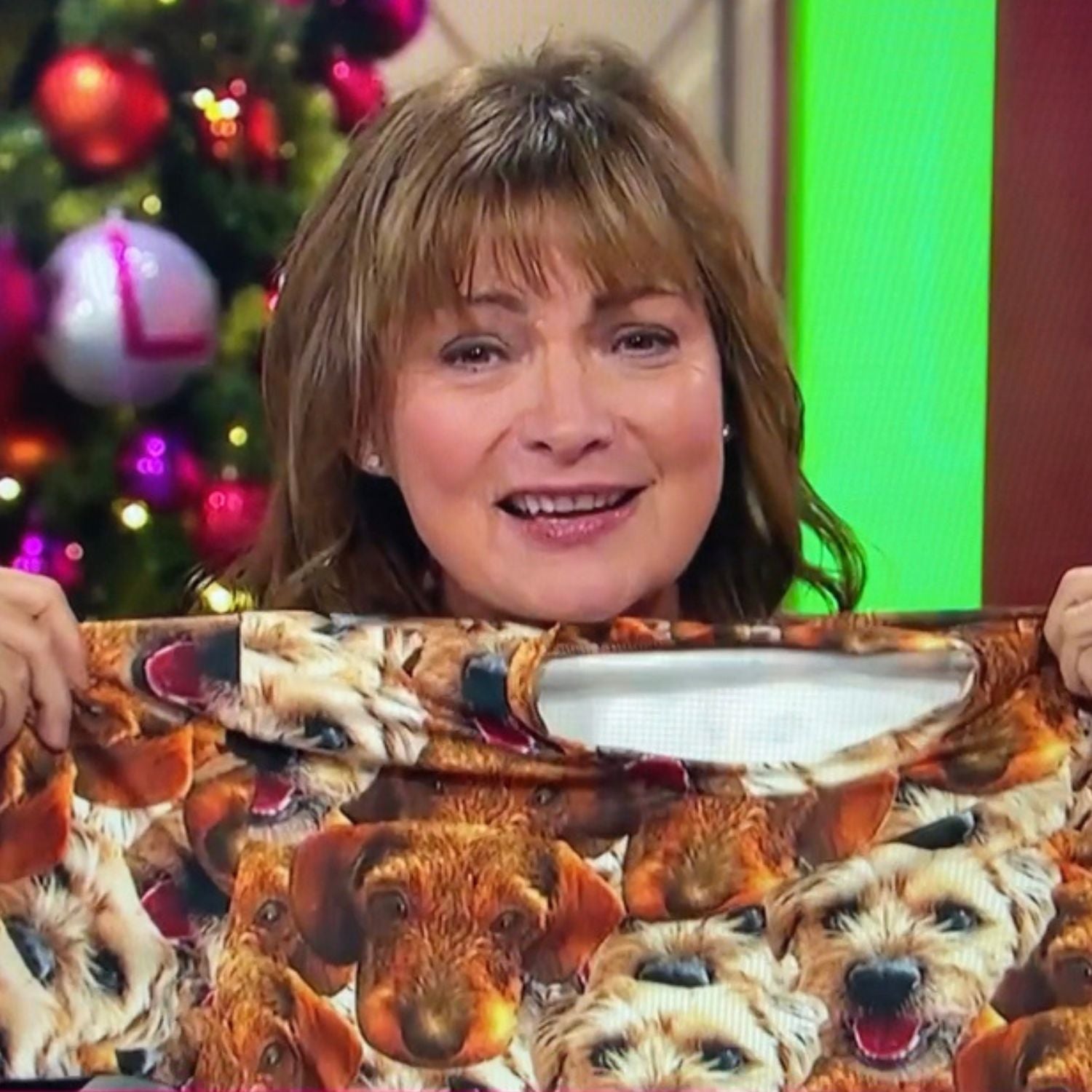 lorraine from itv holding her personalised dog pyjamas up