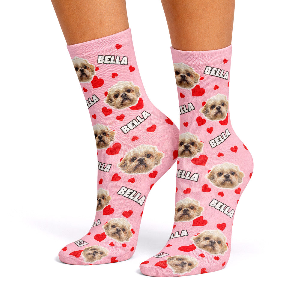 Heart Pattern Personalised Dog Socks With Name & Face