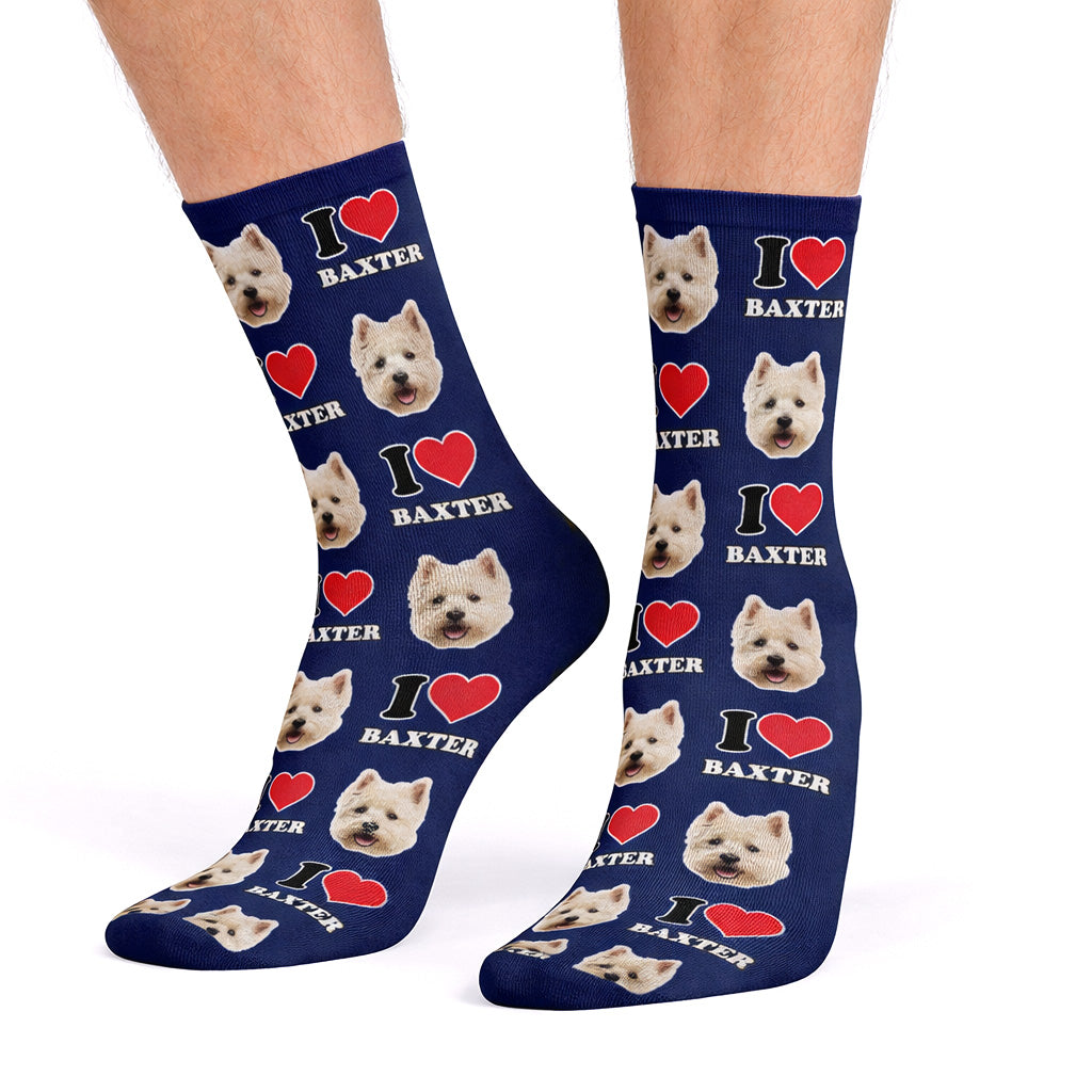 I Heart Name Personalised Dog Socks With Face