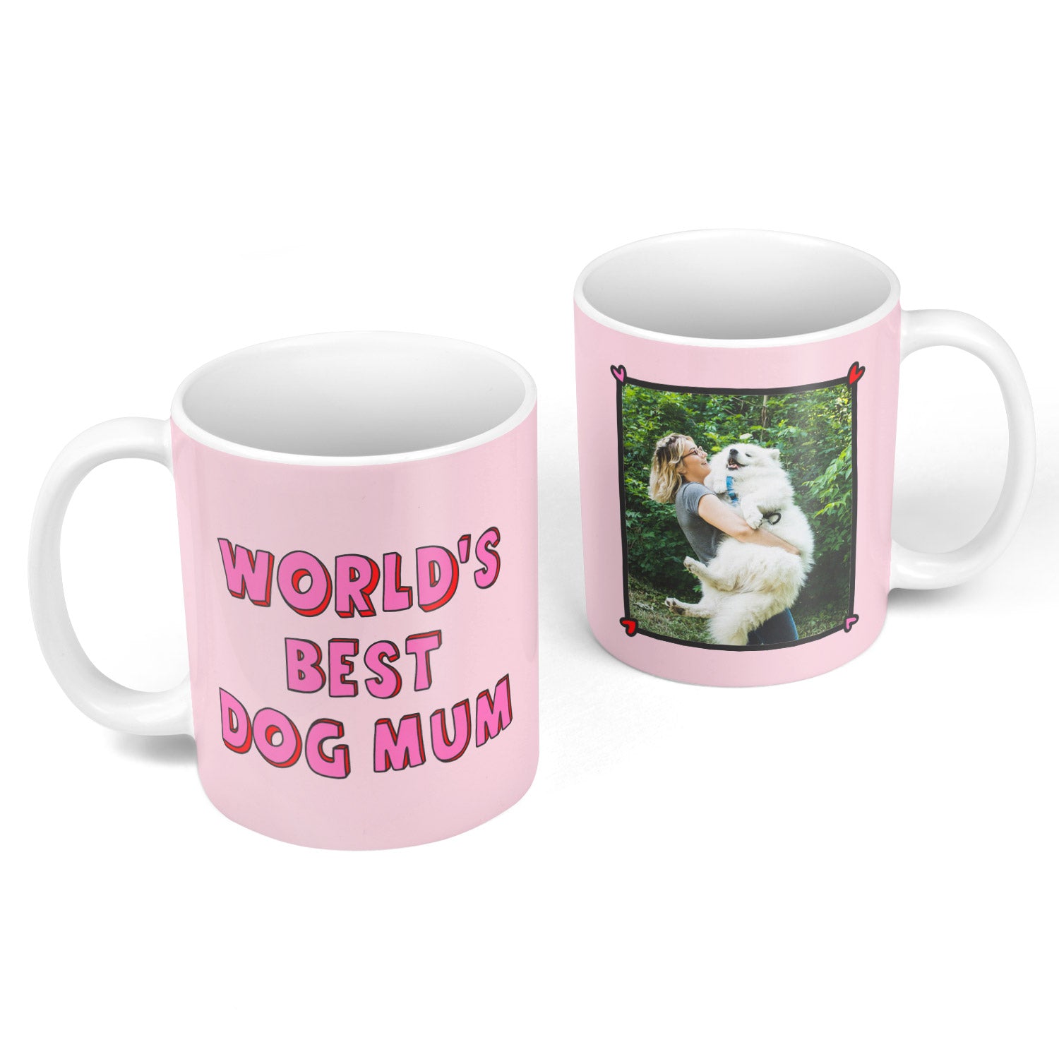 Pink mug with 'World's Best Dog Mum' text and a photo of a woman holding a dog on a white background