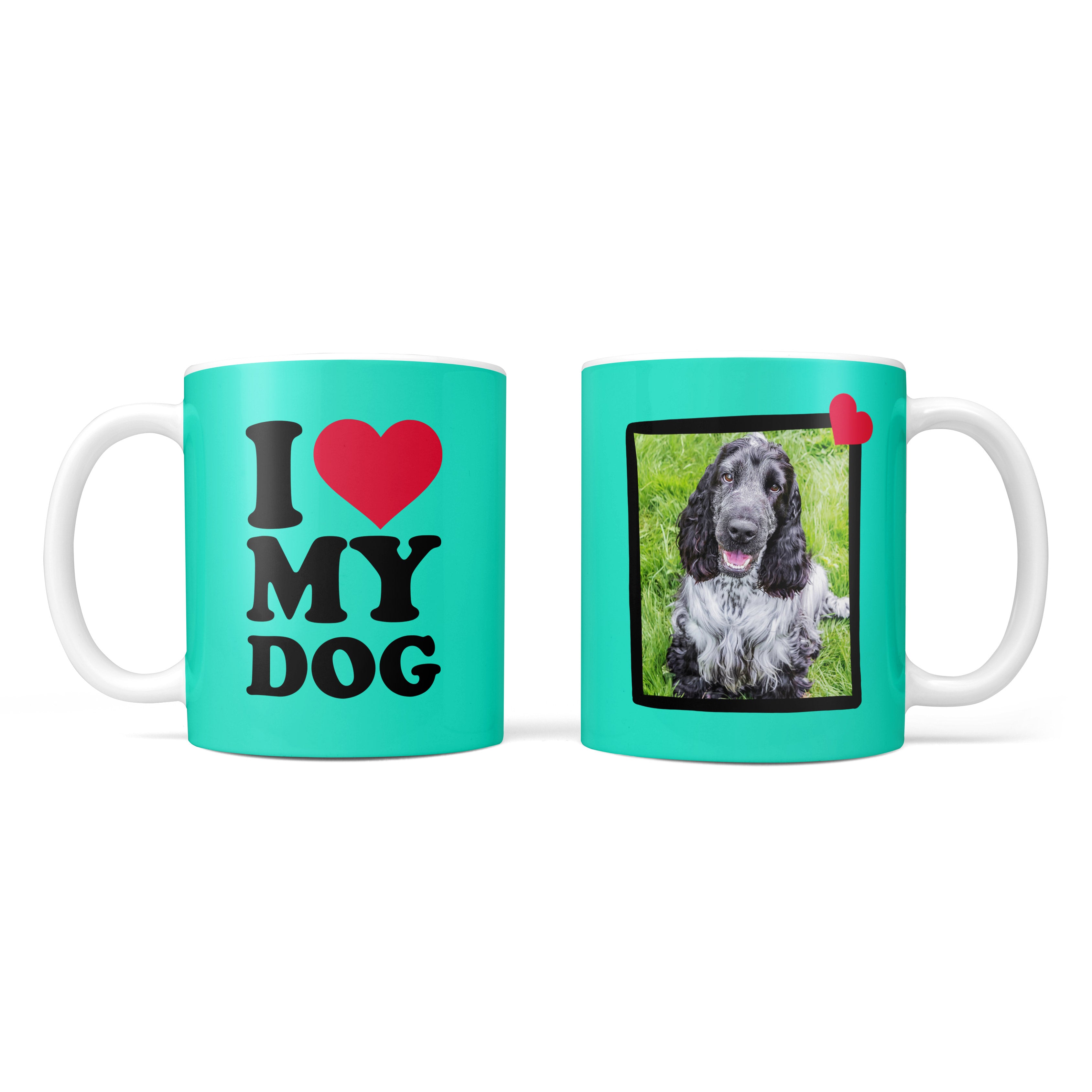 Two turquoise mugs, one with 'I ❤️ MY DOG' text and the other with a dog photo.