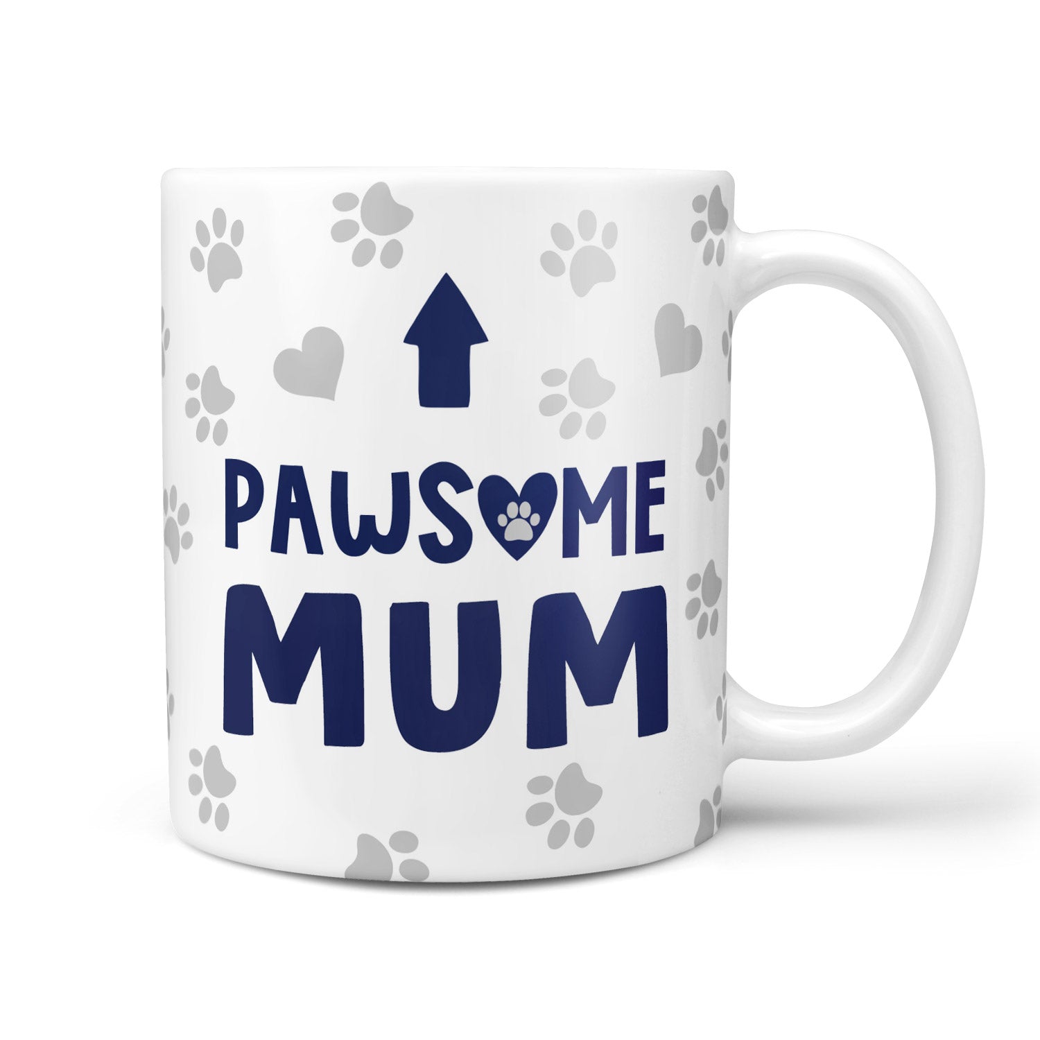 White mug with 'PAWSOME MUM' text and paw prints on a white background