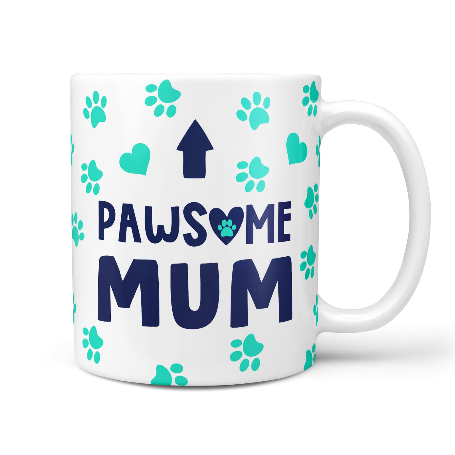 Mug with 'PAWSOME MUM' text and paw print design on a white background