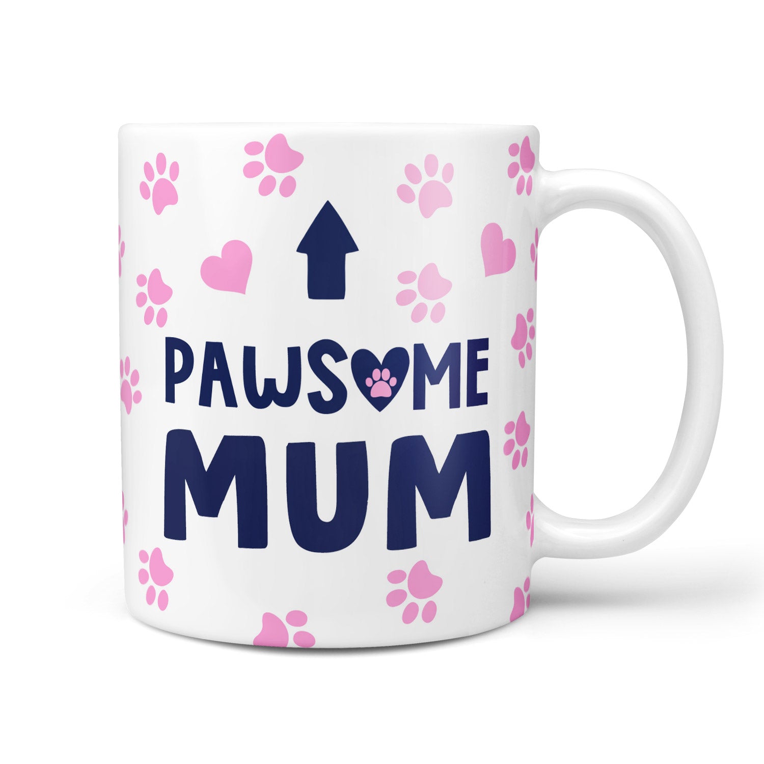 Mug with 'PAWSOME MUM' text and pink paw prints on a white background