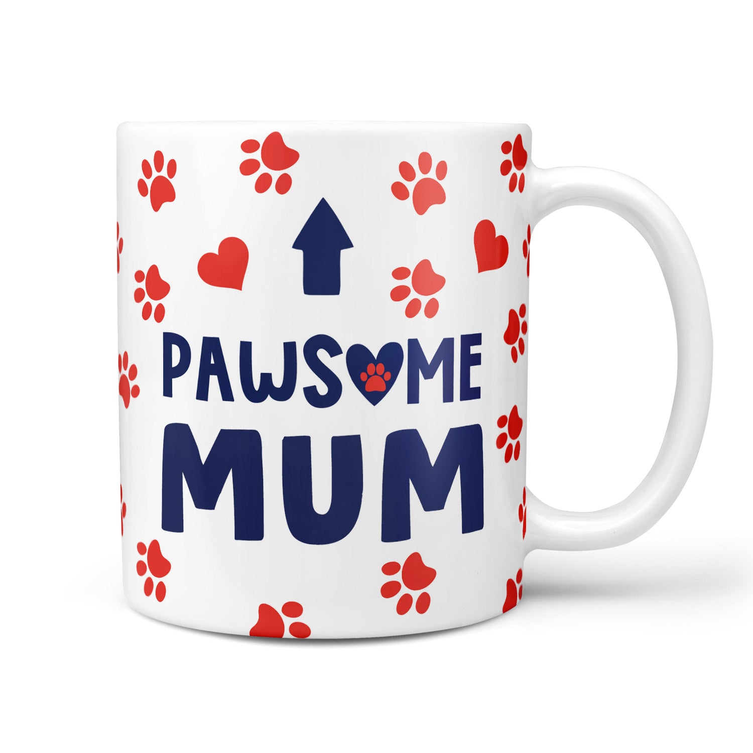 Mug with 'PAWSome MUM' text and paw print design on a white background