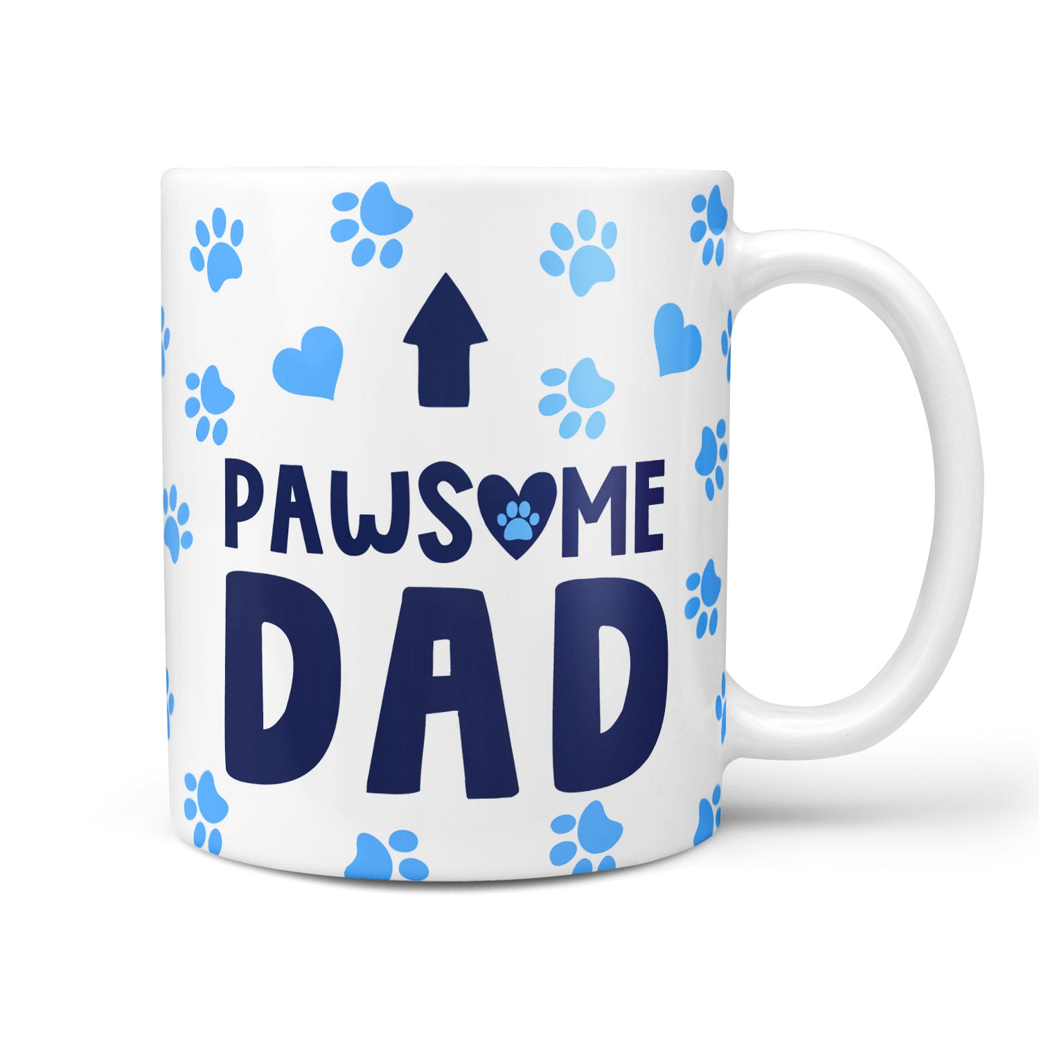 White mug with 'PAWSOME DAD' text and blue paw prints on a white background