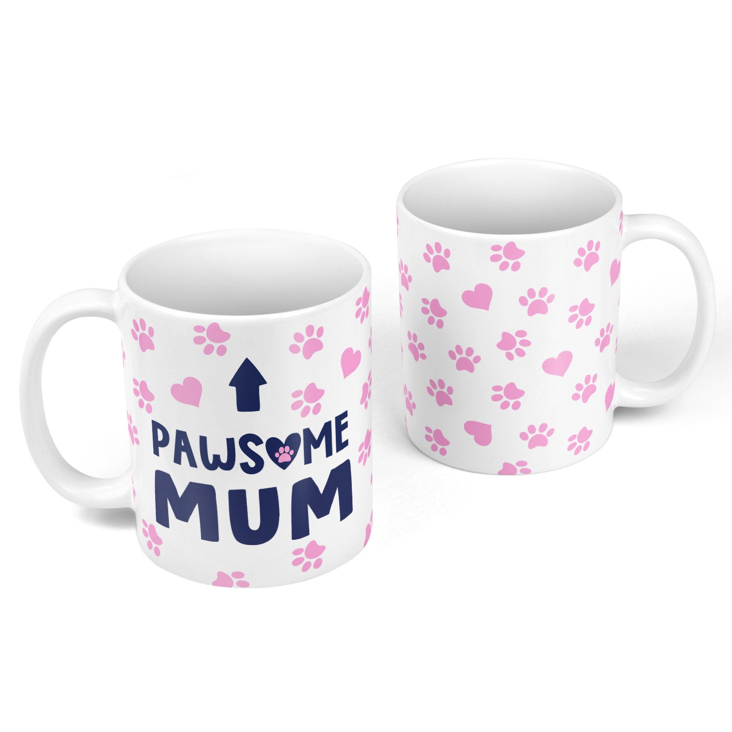 Two mugs with paw print patterns and 'Pawsome Mum' text on a white background