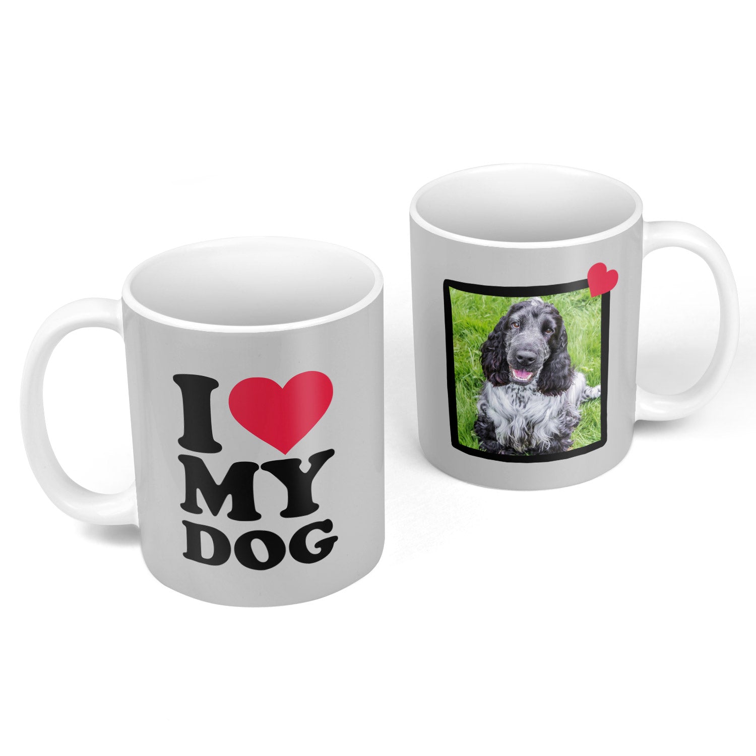 Two white mugs, one with 'I ❤️ MY DOG' text and the other with a dog photo.