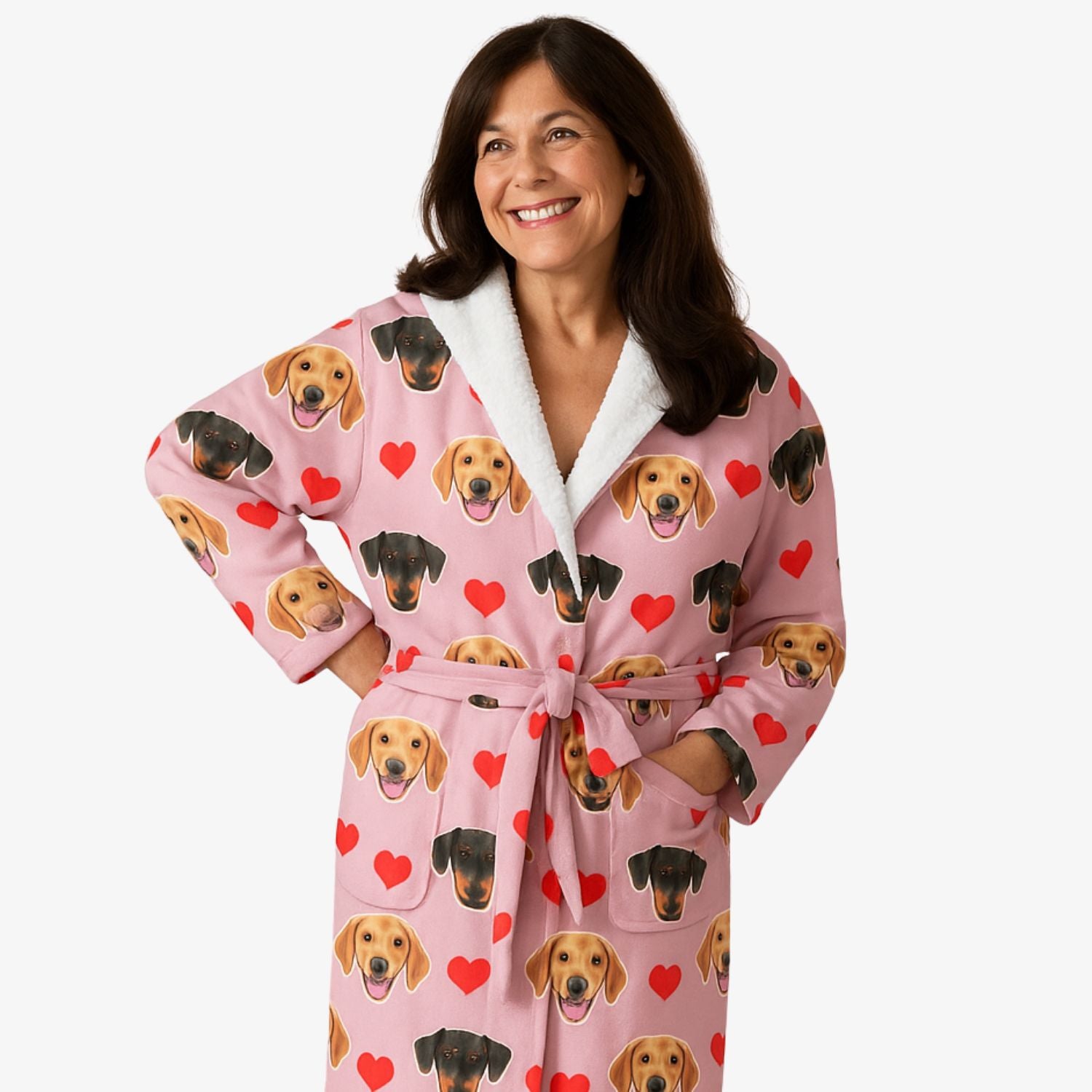 Red Hearts Dog Faces Personalised Dressing Gown