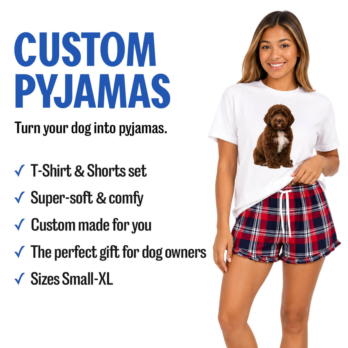 Women's Dog Photo Pyjamas - Red Tartan Shorts Set