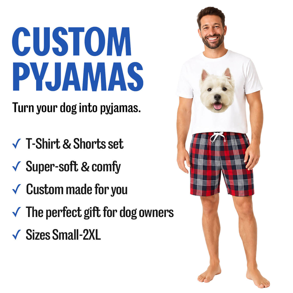 Men's Dog Face Pyjamas - Red Tartan Shorts Set