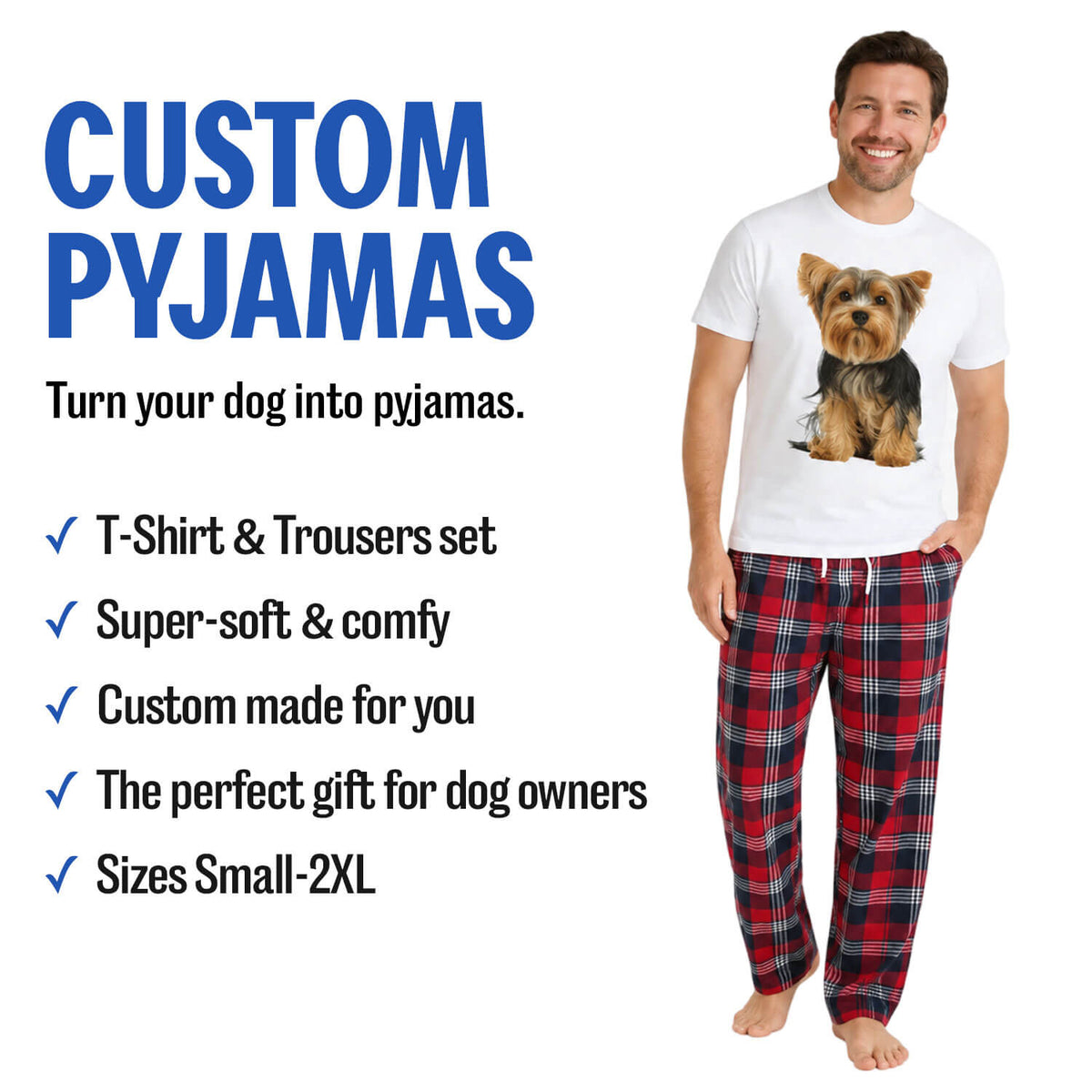 Men's Dog Face Pyjamas - Red Tartan Trouser Set