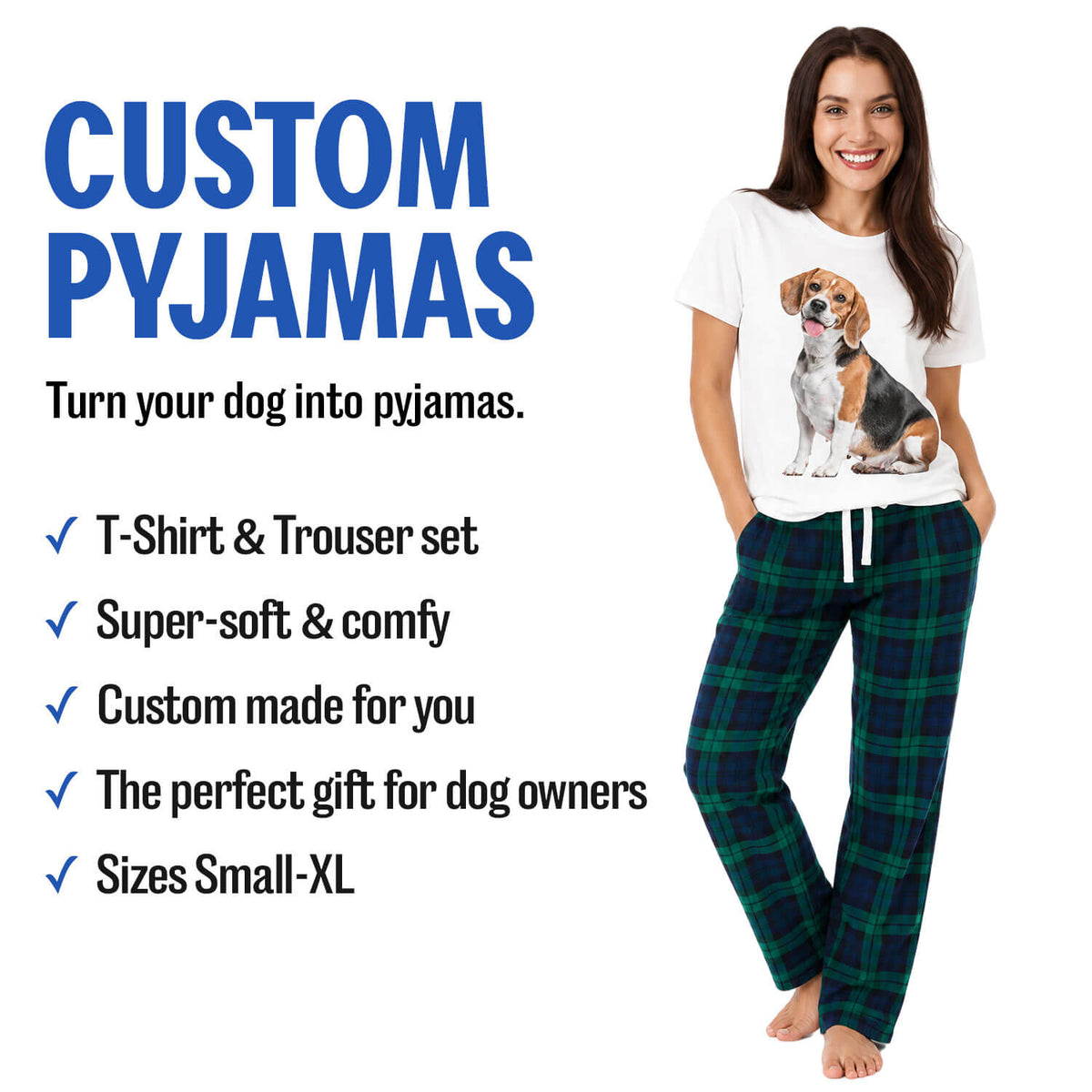 Women's Dog Photo Pyjamas - Green Tartan Trouser Set