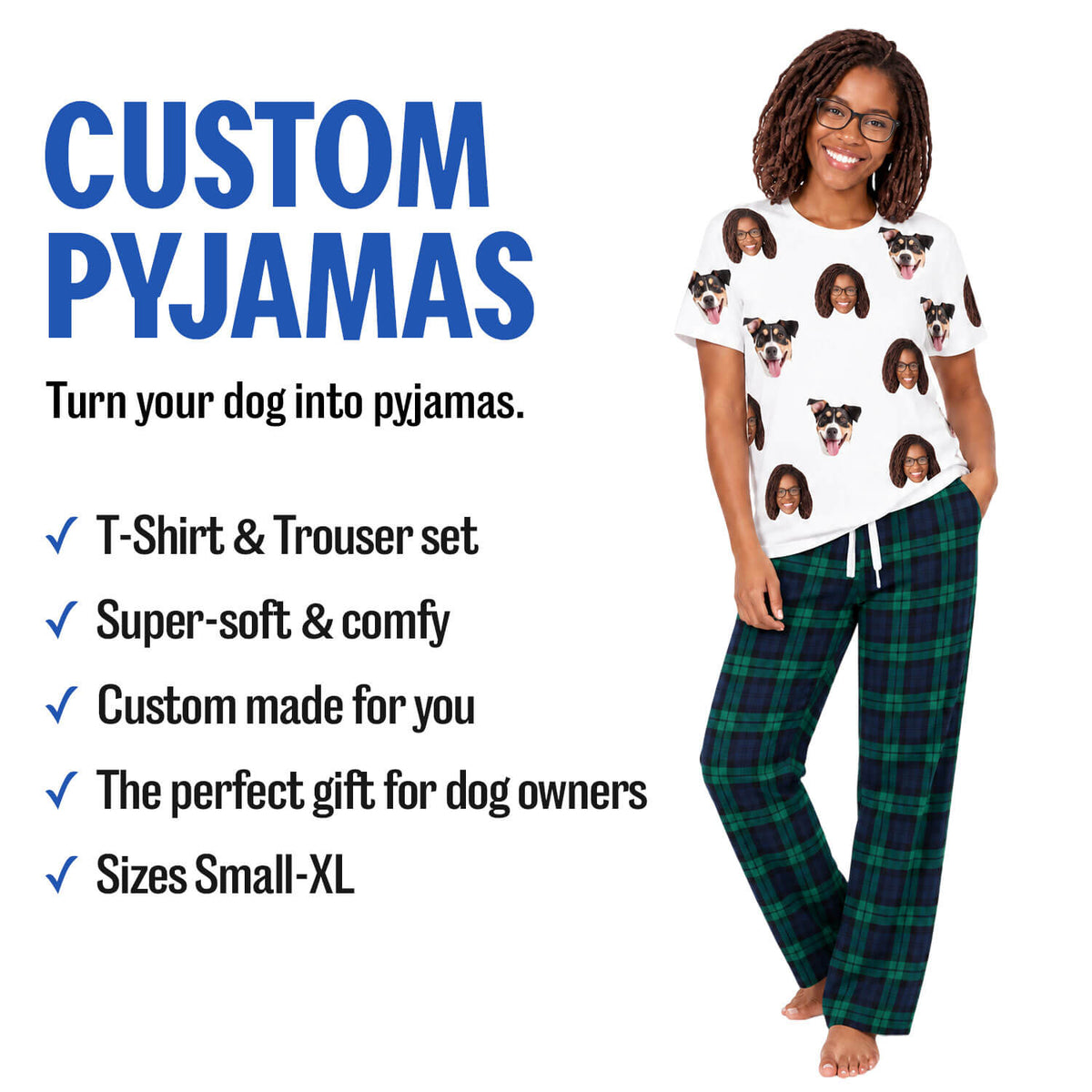 Women's Dog Photo Pyjamas - Red Tartan Trouser Set
