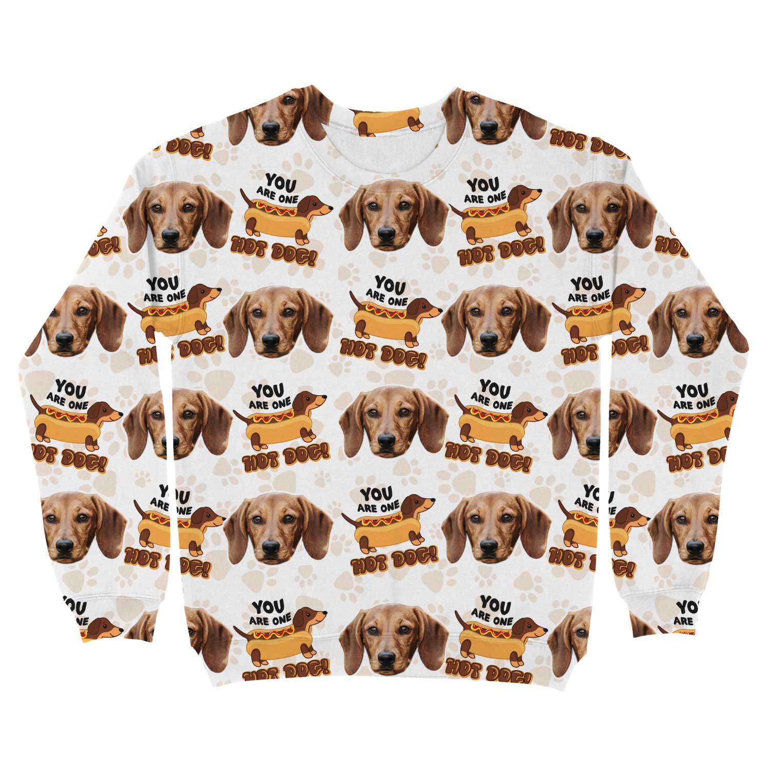 Sweatshirt with dachshund and hot dog graphic and text on a white background