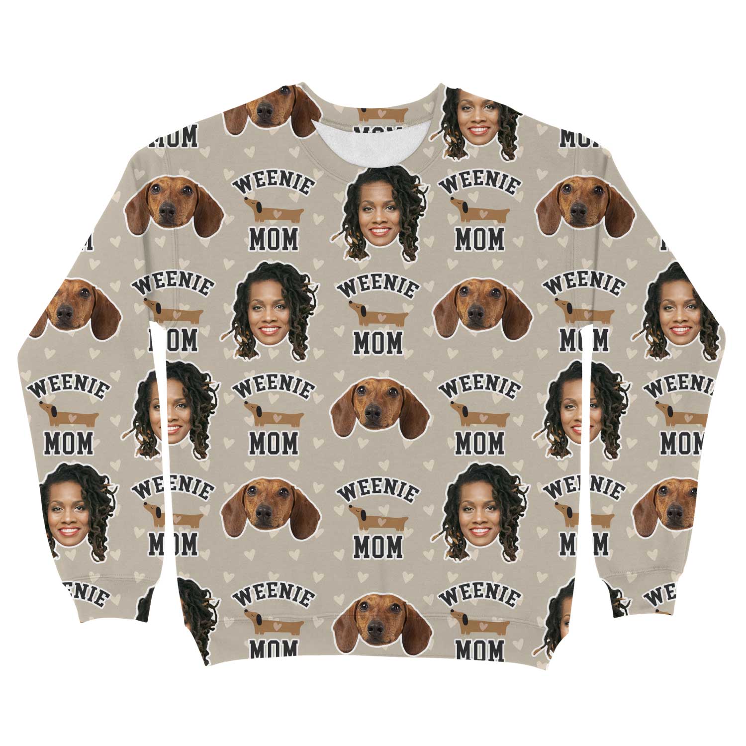 Sweatshirt with 'Weenie Mom' pattern featuring dog faces and a person's face.