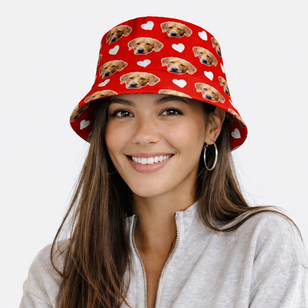 White Hearts Dog Faces Custom Bucket Hat