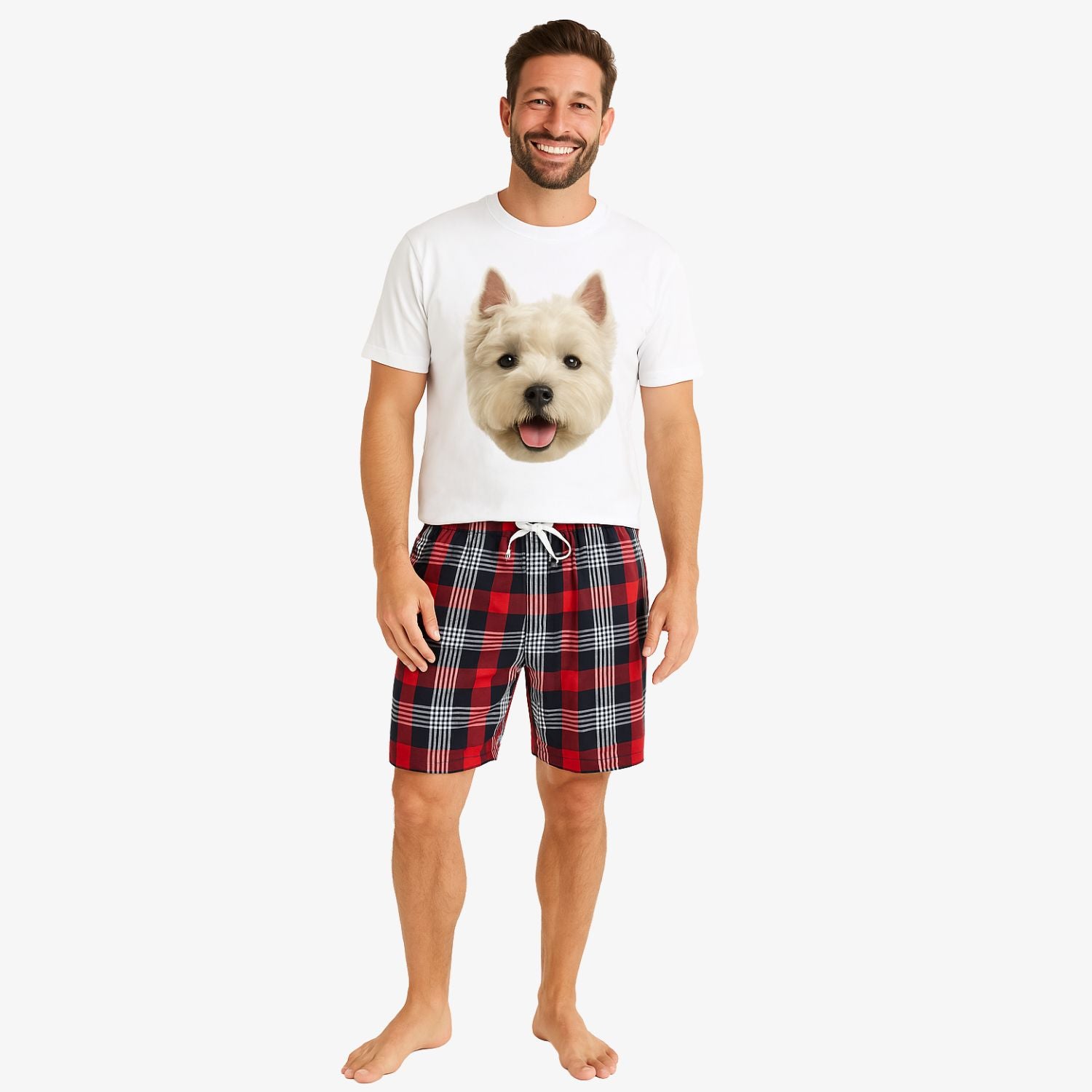 Men's Dog Face Pyjamas - Red Tartan Shorts Set