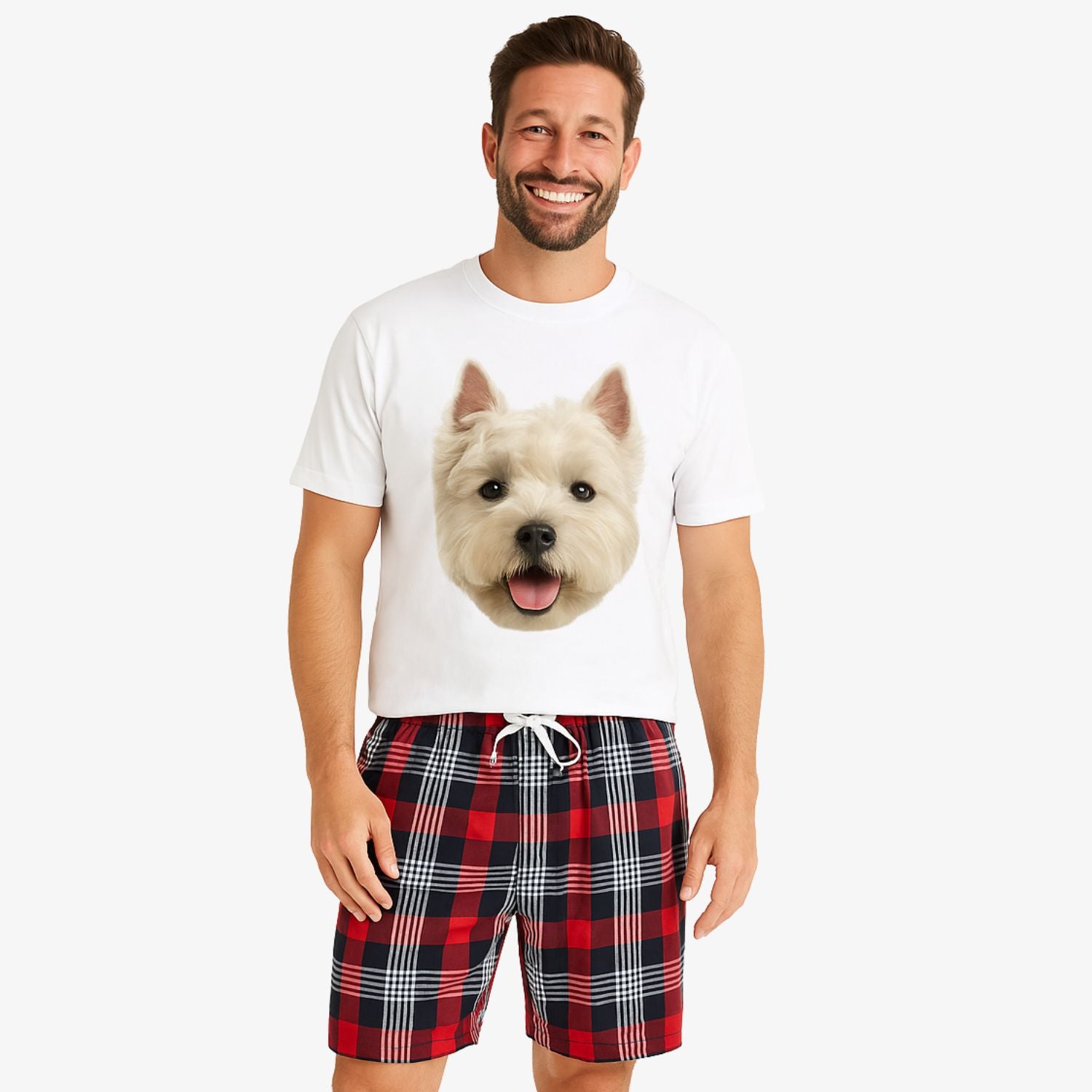 Men's Dog Face Pyjamas - Red Tartan Shorts Set